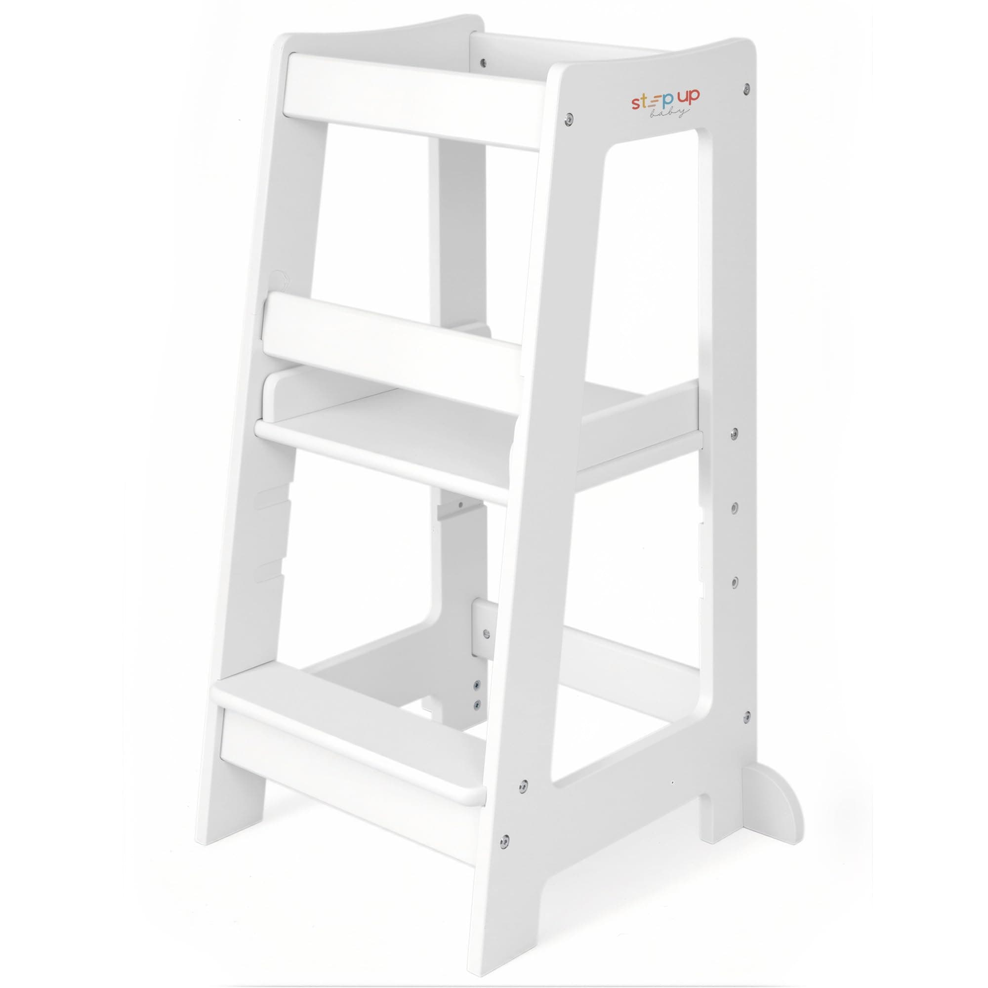 Stepup Baby Montessori Learning Tower Kitchen Helper Stand, Adjustable Toddler Steps with Safety Rail, White