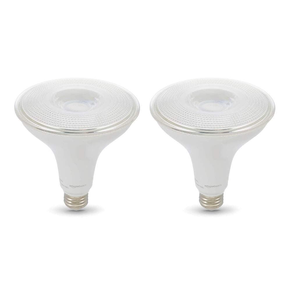- Amazon Basics PAR38 Dusk to Dawn Sensor LED Light Bulb, 120W Equivalent, 14W Energy Efficient, E26 Standard Base, Daylight White 5000K, Non-Dimmable, 10,000 Hour Lifetime, Outdoor Porch, 2-Pack