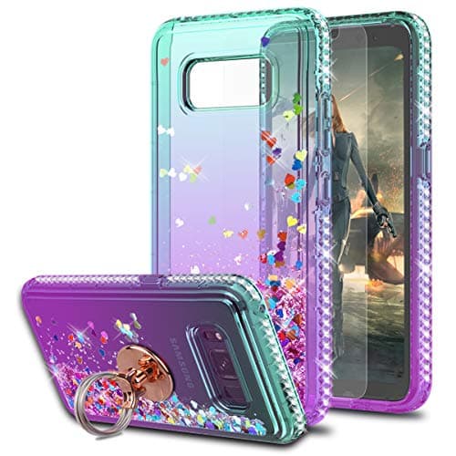 S8 Active Case Galaxy S8 Active Case with HD Screen Protector with Ring Holder,KaiMai Glitter Moving Quicksand Clear Cute Shiny Girls Women Phone Case for Samsung Galaxy S8 Active-Aqua/Purple Ring