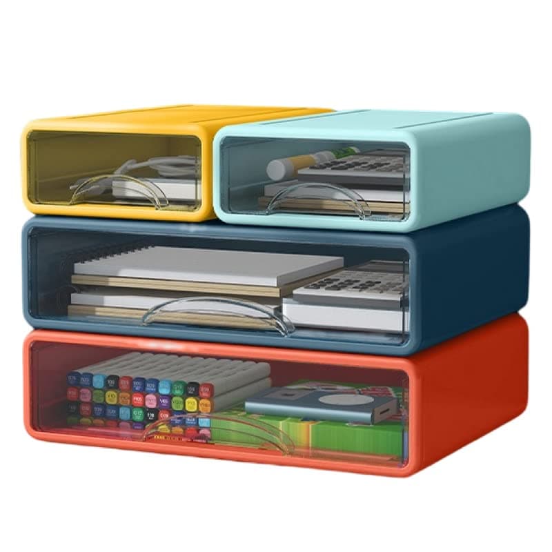 Stackable Office Storage Box with Drawers|Office Desk Storage Box with 4 Drawers (Pearl White)| (Fire red (big) + sea blue (big) + sunset yellow (small) + fresh green (small))…