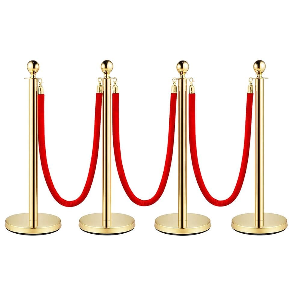 Crowd Control Stanchion, Set with 5 ft/1.5 m Red Velvet Rope, Stanchion Rope Divider, Gold Queue Barrier Line Divider with Fillable Plastic Base, Airport(4)