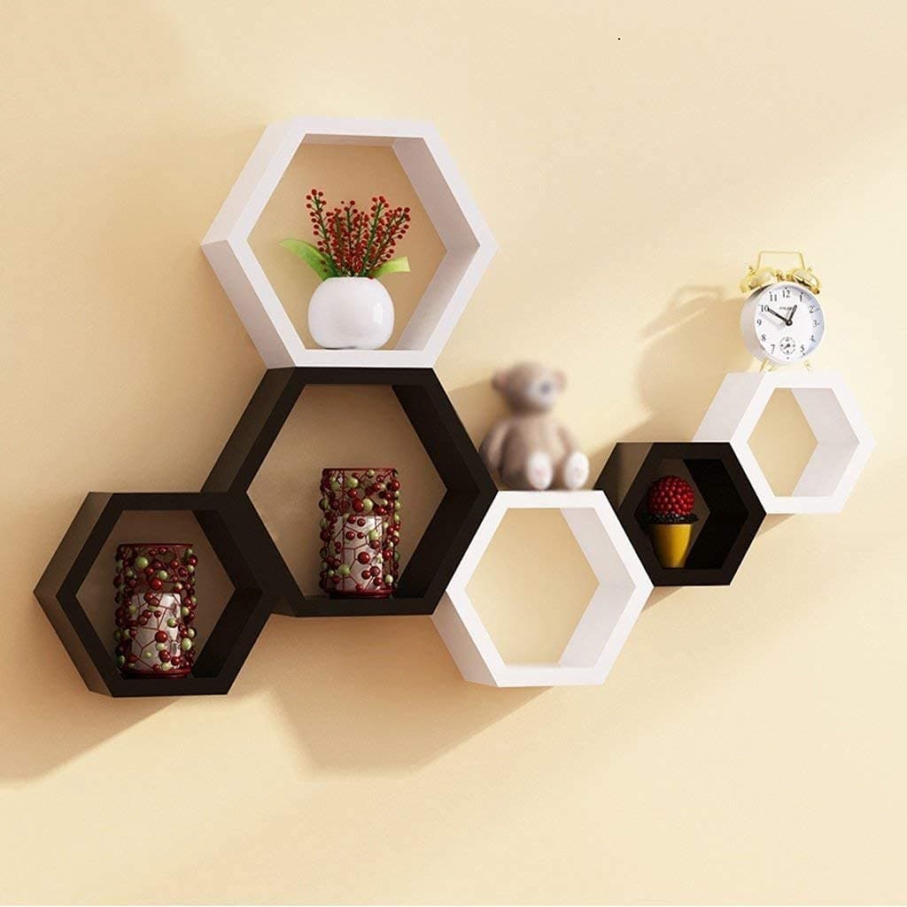 Clover Crafts Hexagonal Shape Engineered Wood Floating Wall Mounted Shelf for Living Room | Bed Room | Kitchen | Home Decoration Set of 6 (Black & White)