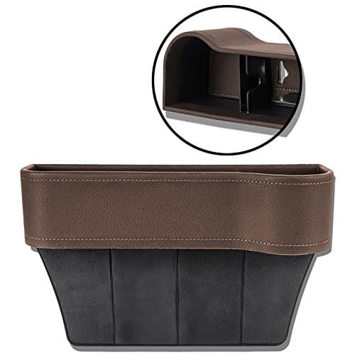 UPDATE VERSION Auto Front Seat Organizer Console Side Pocket Leather Brown with Hole for USB Cable, Car Drinks Cup Cell Phone Card Wallet Sunglasses Holder