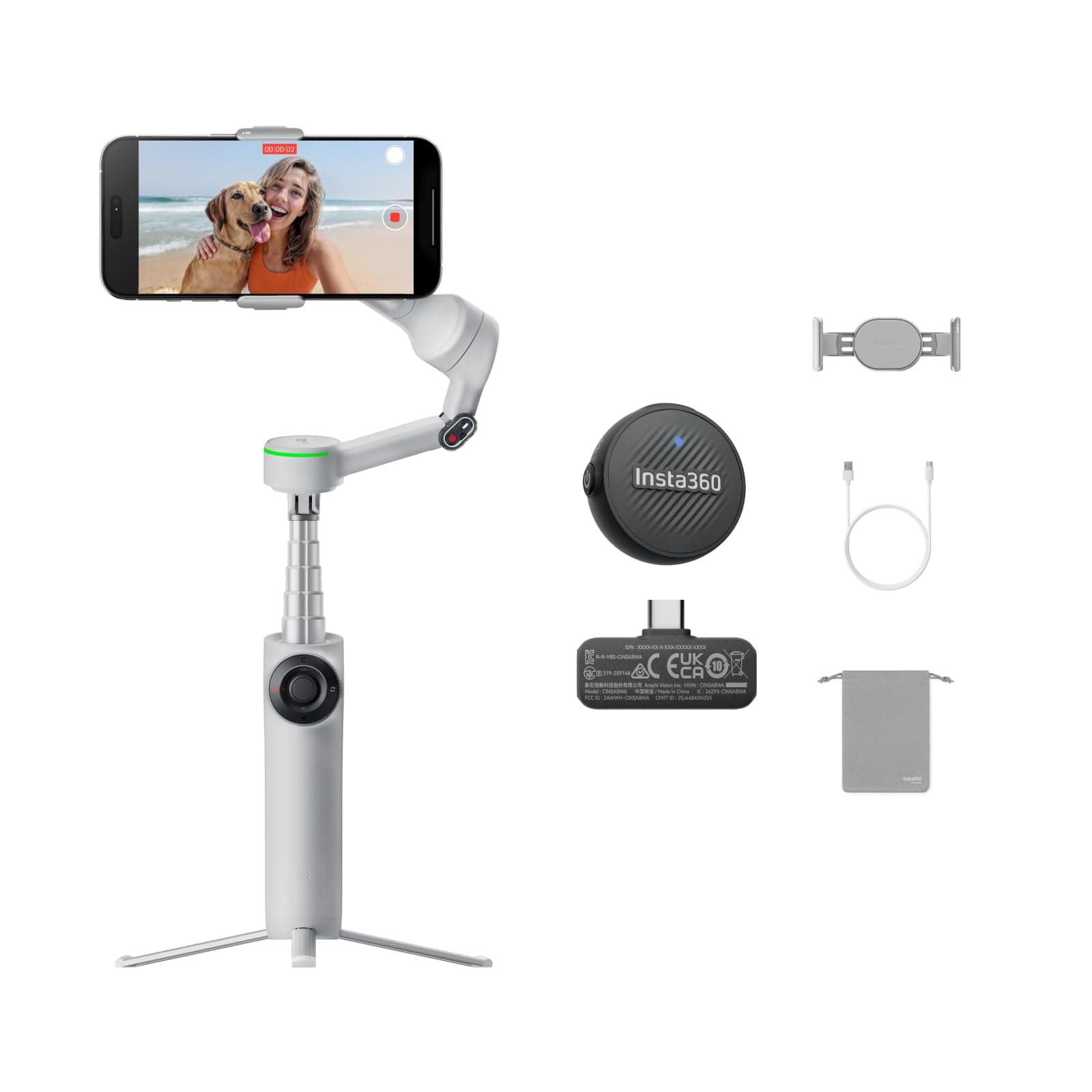Flow 2 Pro Mic Bundle Grey - Foldable AI Phone Gimbal, Track in 200+ iOS Apps, Multi-Person & 360 Pan Tracking, Built-in Tripod/Selfie Stick, iPhone/Android Stabilizer