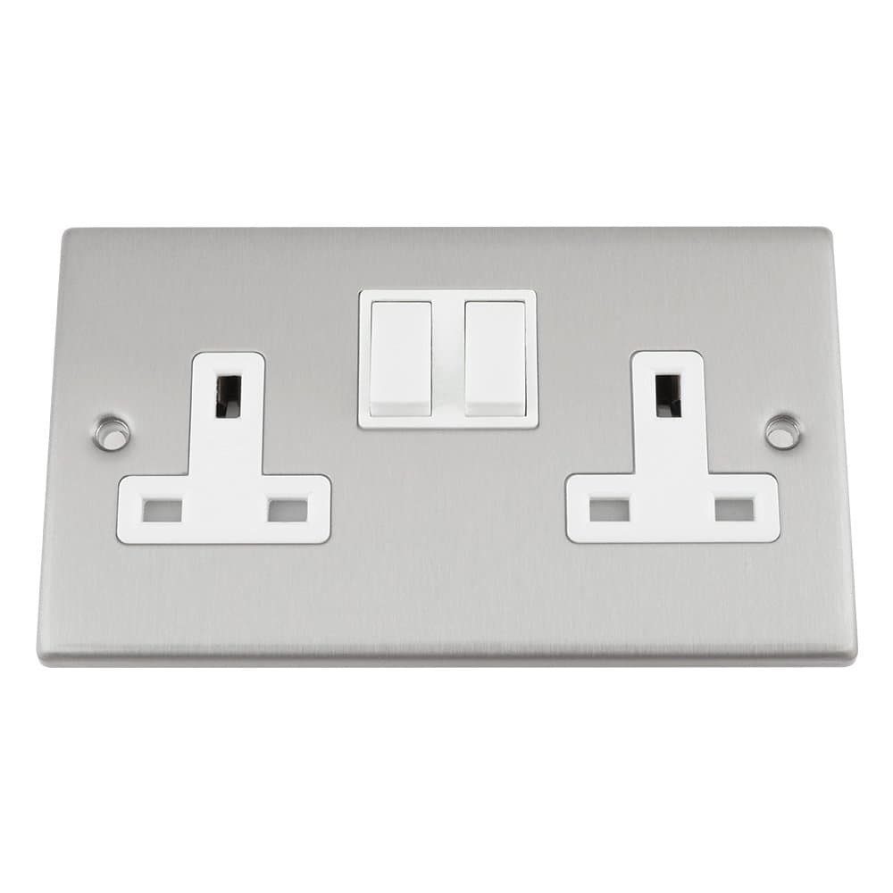 Socket 2 Gang - Satin Matt Chrome - Square - White Insert Plastic Switch - 13A Double Wall Plug Socket