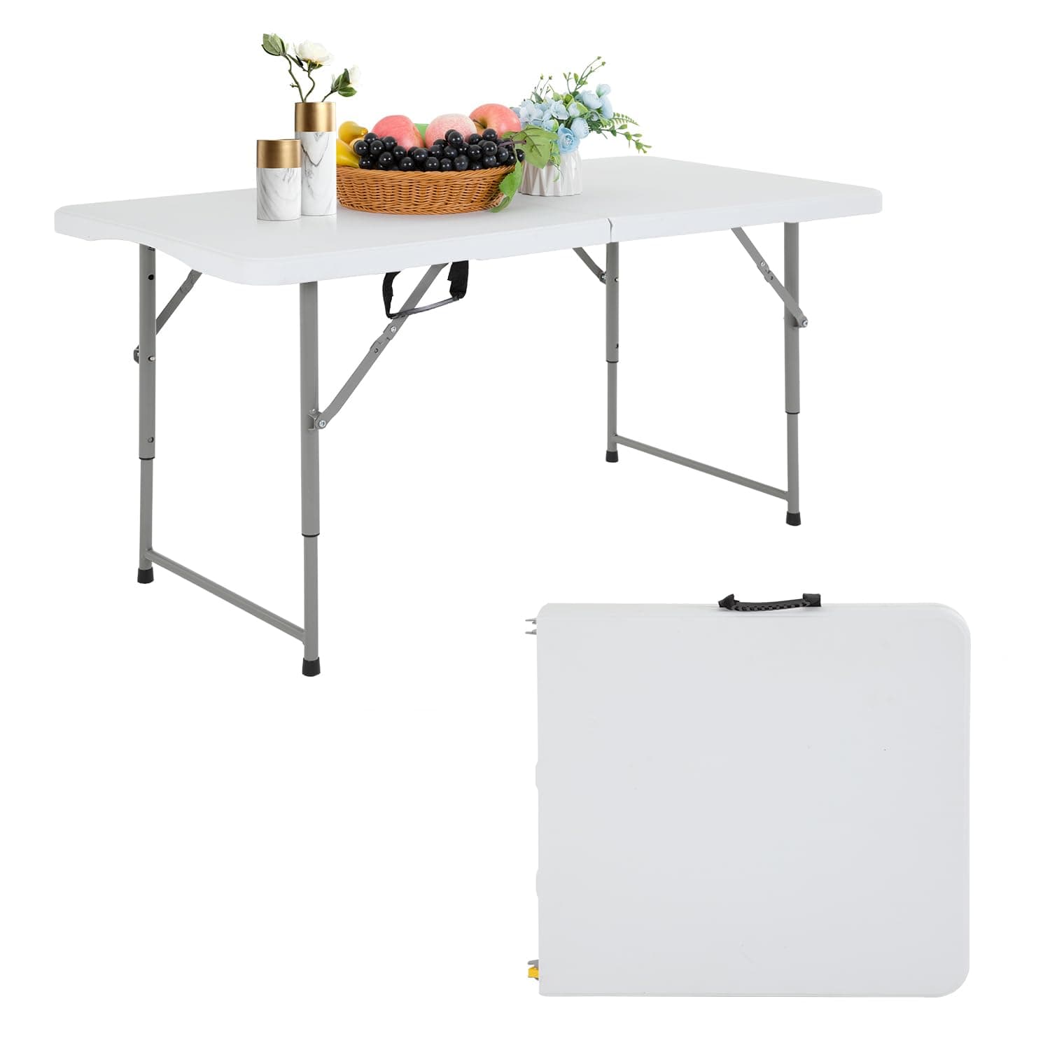 PayLessHere | 4FT Folding Table | Portable Plastic Table with Carry Handle | Waterproof & Foldable Table Design | Steel Frame with Lock | White | for Events, Camping, Indoor & Outdoor Use
