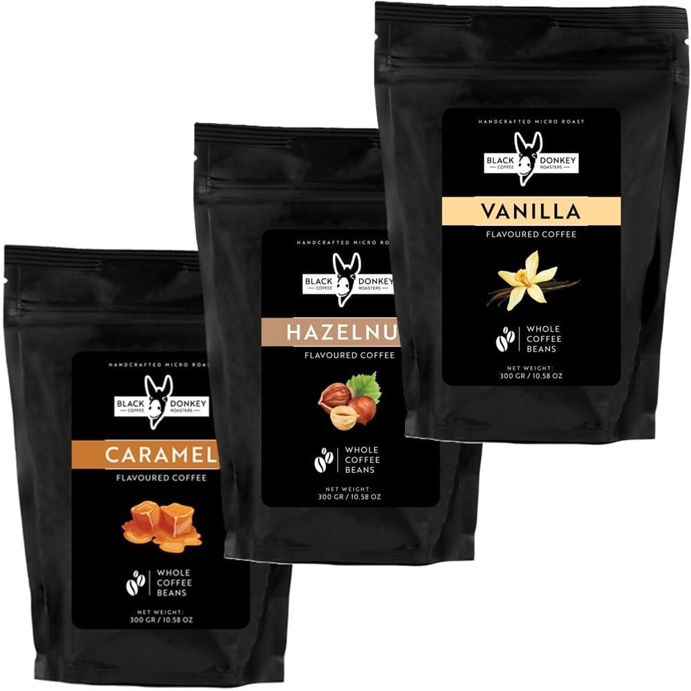 Black Donkey - Flavoured Whole Coffee Beans - Taster Pack (300g, Pack of 3) | Caramel, Hazelnut, Vanilla | Hamper Style Gift Idea for Him & Her