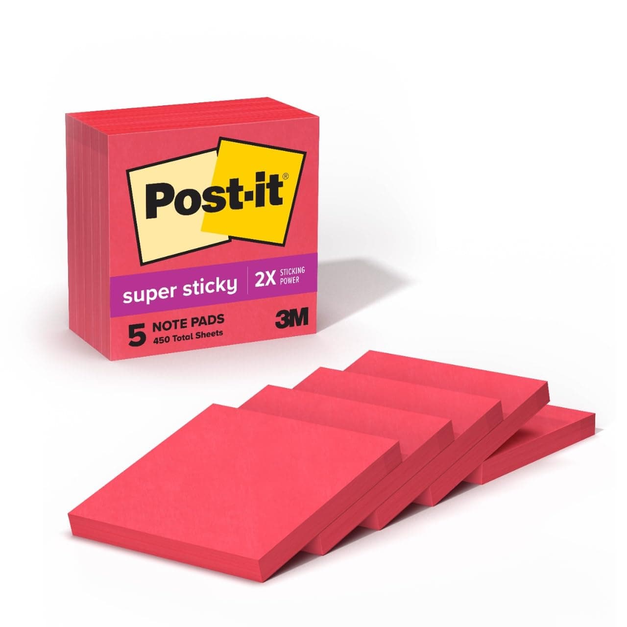 Post-it Super Sticky Notes, 5 Sticky Note Pads, 3 x 3 in, School Supplies, Office Products, Sticky Notes for Vertical Surfaces, Monitors, Walls and Windows, Candy Apple Red