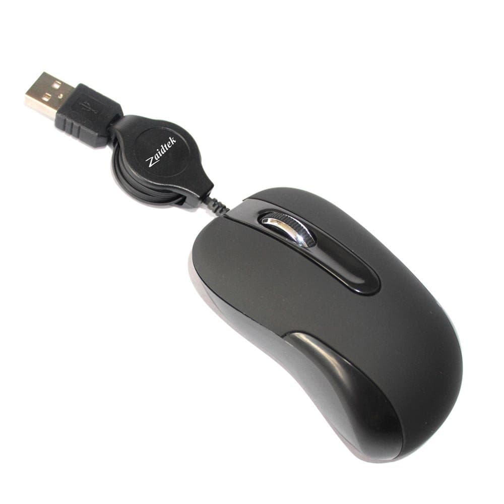 Zaidtek HM5079 Retractable Cable USB Wired Mini Optical Mouse 1000 DPI For PC Laptop Mac (Black)