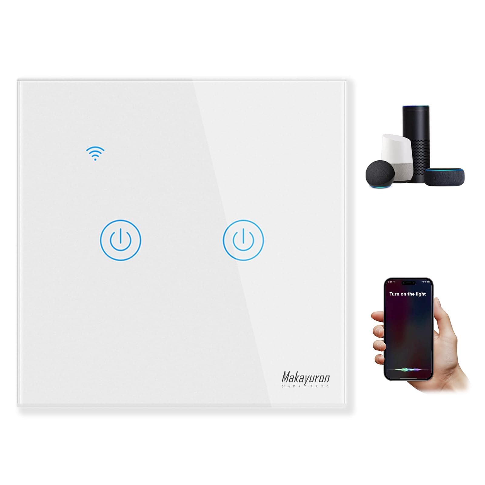 Makayuron WiFi Smart Wall Light Switch Touch Switches No Neutral Wire Required Compatible with Alexa and Google Home APP Remote Control Touch Switch, Voice Control, No Hub Required (White 2 Gang)