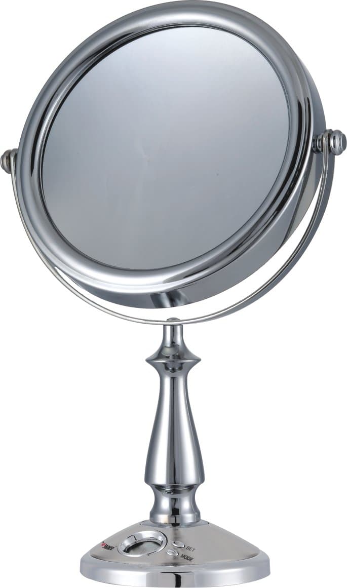 E-ware Elegant 9k007a1 Double-sided 1x/10x Makeup Table Top Mirror, 7", Mental with Satin Nickel Finish, Time Setting Clock with LCD Display for Masks, Travel Bag Included