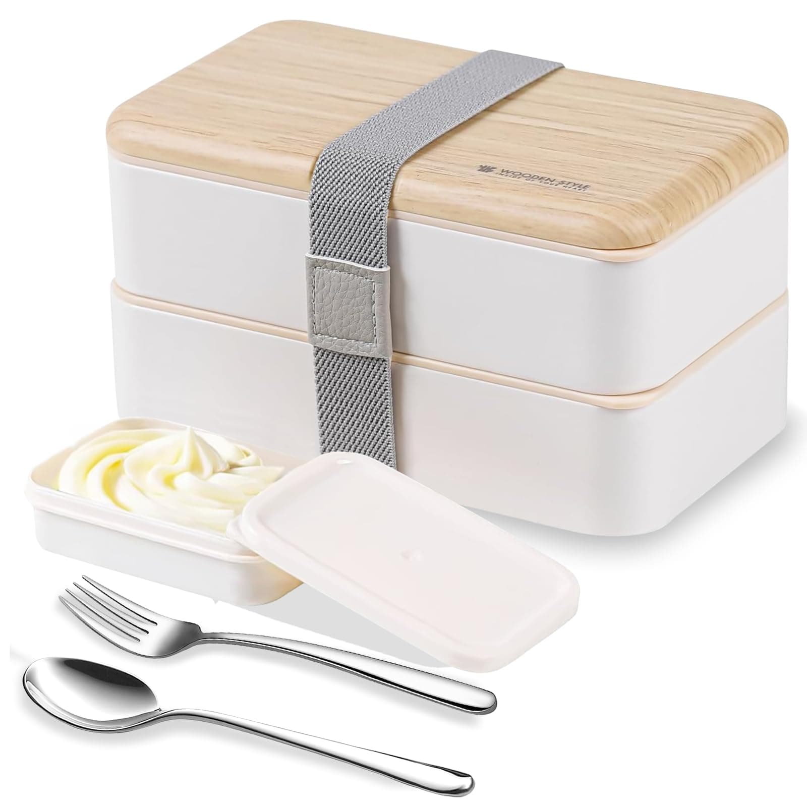 Bento Box Lunch Boxes Container Bundle Divider Japanese Style Leakproof with Stainless Steel Utensils Spoon and Fork Bamboo (White)