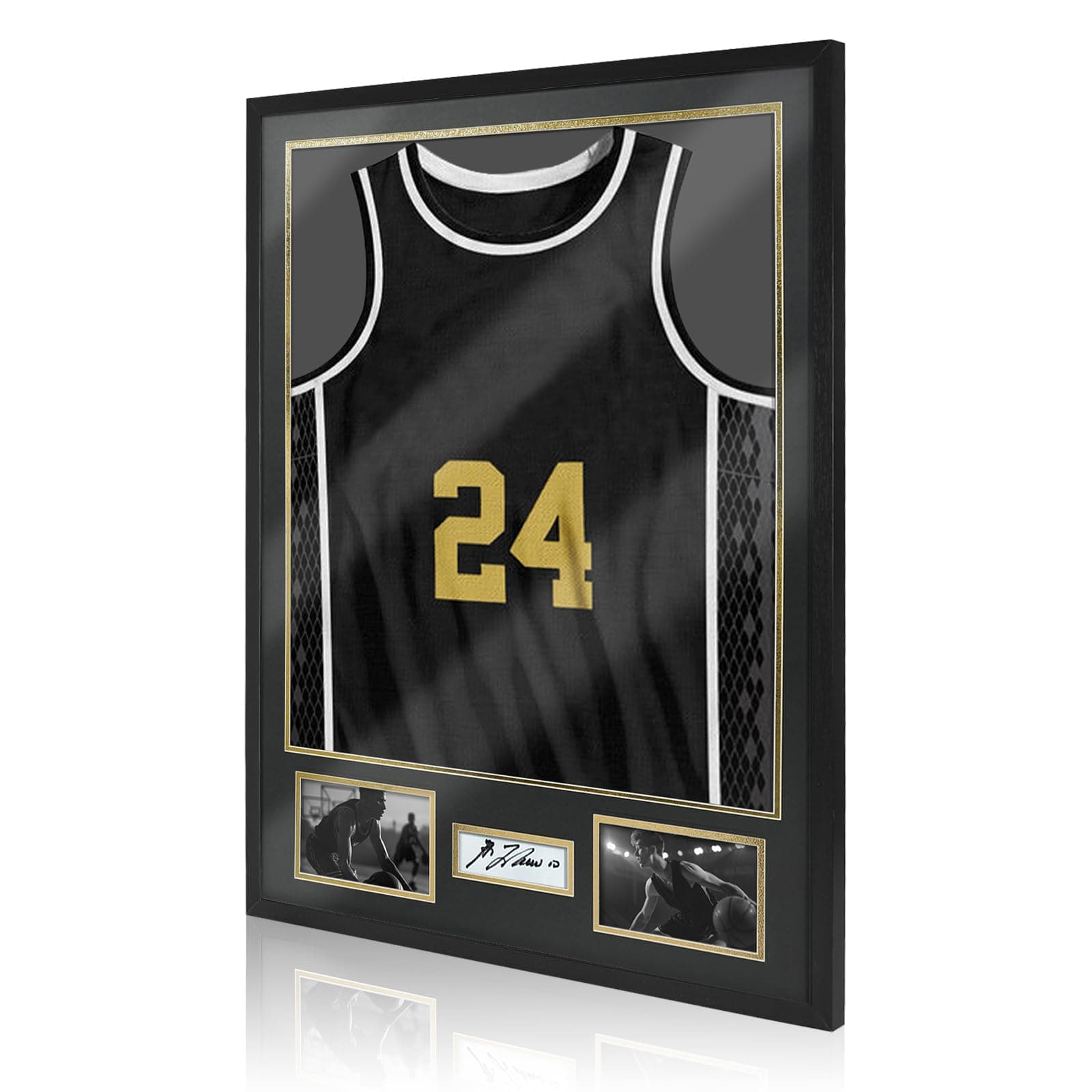 Jersey Frame Display Case for Football,Solid Wood Shadow Box with 98% UV Protection Acrylic,Two Photo Frame One Signature for Baseball, Basketball, Hockey, Uniforms - Black Walnut Finish