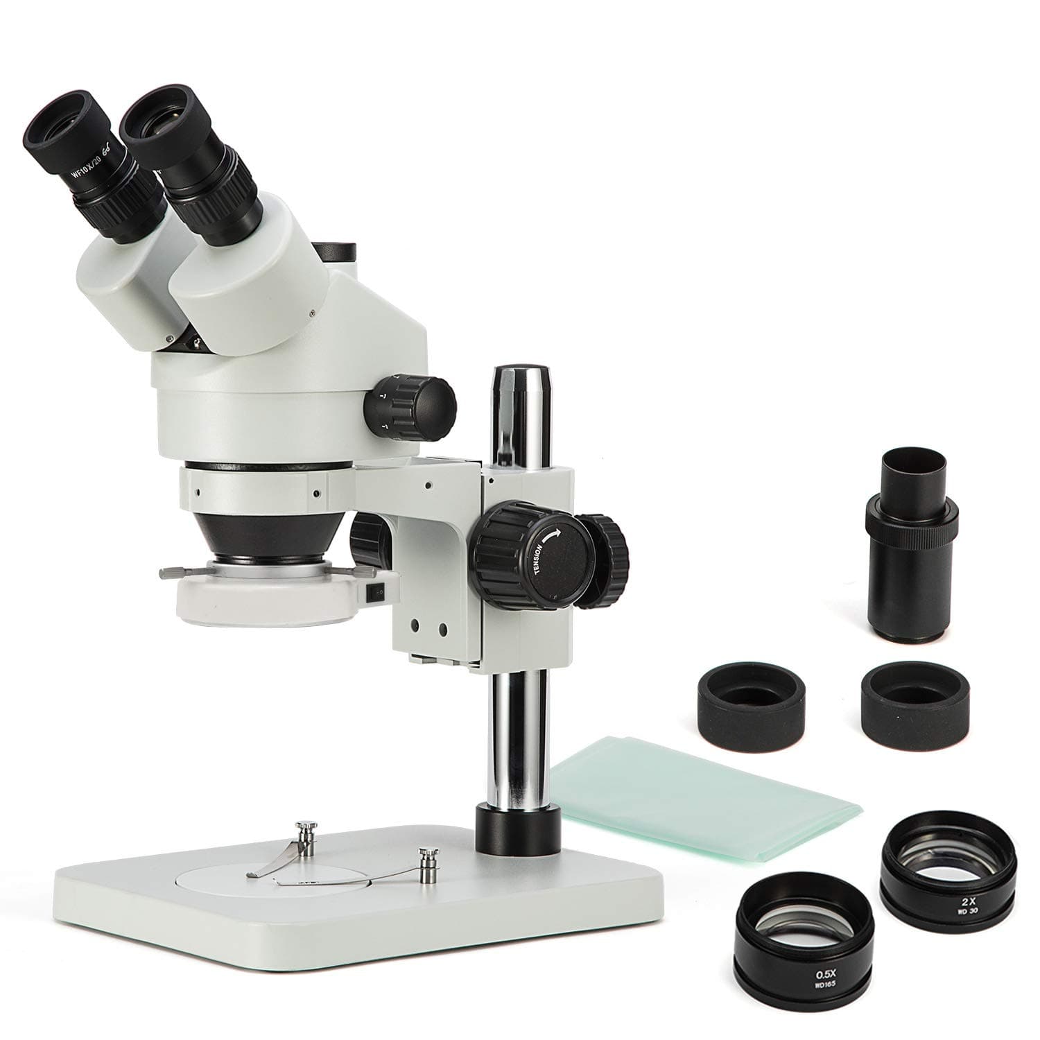 Trinocular Stereo Zoom Microscope with 56-Bulb LED Ring Light,3.5X-90X Magnification,WF10X Eyepieces,0.7X-4.5X Zoom Objective, 0.5X 2.0X Additional Objectives,Table Pillar Stand