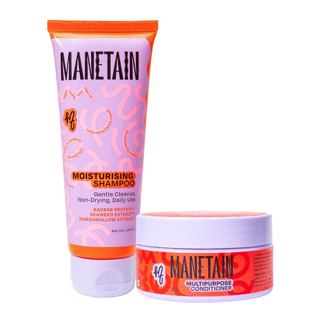 MANETAIN Beginner Basic Bundle | Moisturising Shampoo 100ml & Multipurpose Conditioner 100gm | Protein/Moisture Balanced for Curly, Wavy & Frizzy Hair | Frizz Control, Hydrating, Strengthening, Curl