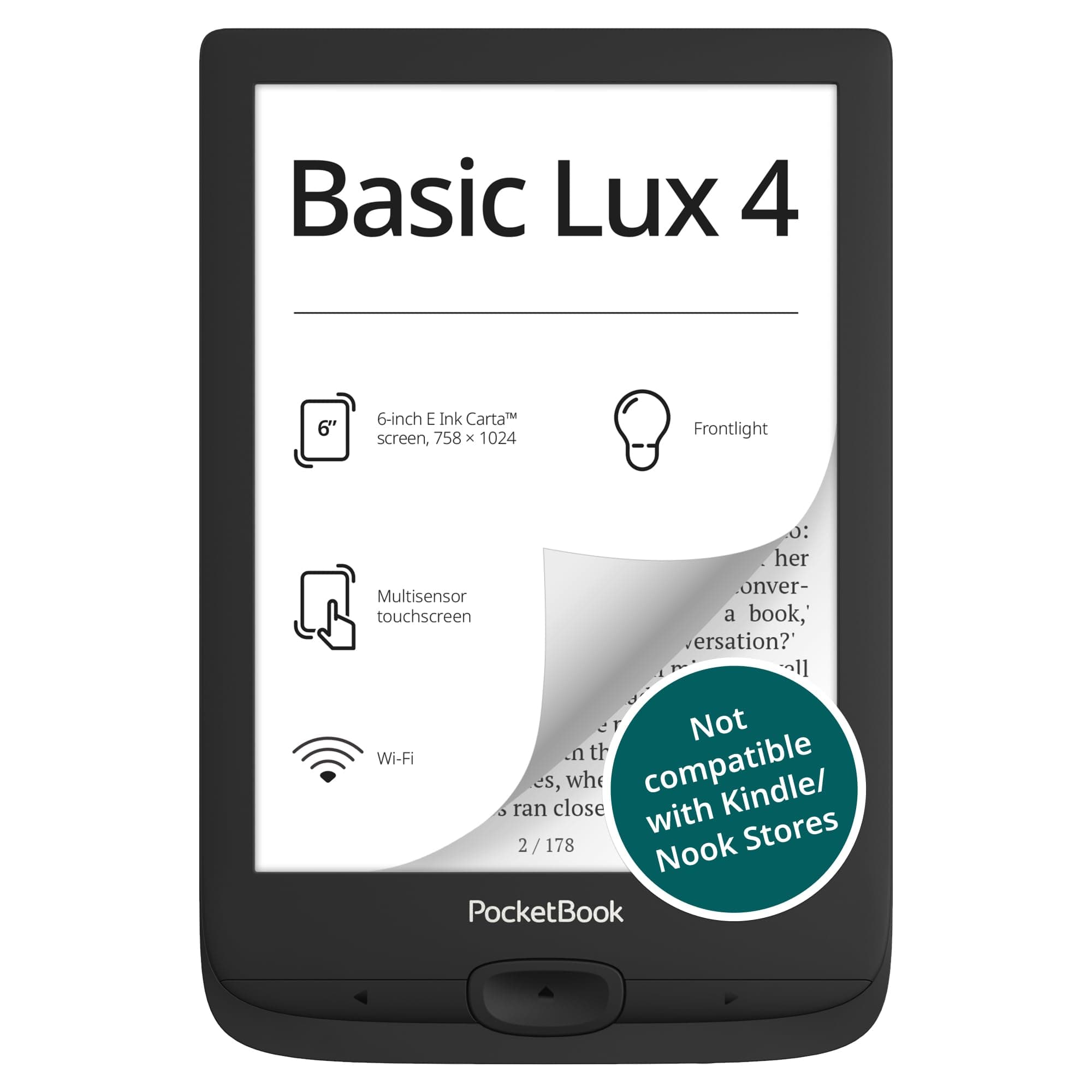 Basic Lux 4 E-Book Reader | 6ʺ Glare-Free & Eye-Friendly E-Ink Technology | Compact & Lightweight E-Reader | Frontlight | Touchscreen | Wi-Fi | Dictionaries | Micro-SD Slot