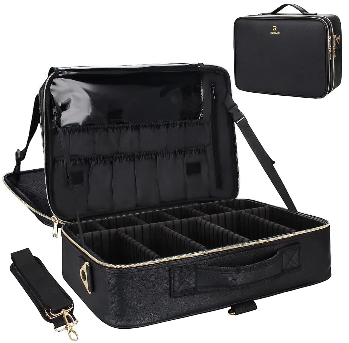 Relavel Makeup Case Large Makeup Bag Professional Train Case 16.5 inches Travel Cosmetic Organizer Brush Holder Waterproof Makeup Artist Storage Box, 3 Layer Large Capacity