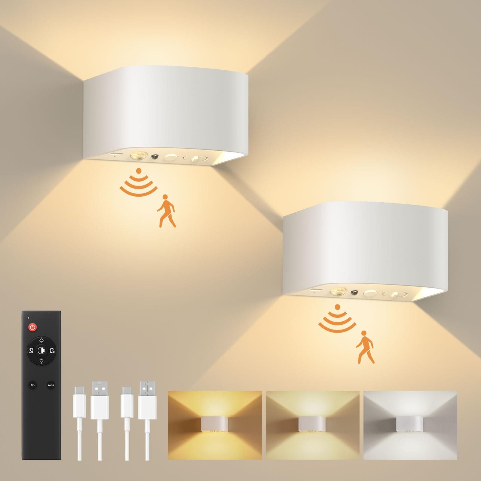 FULEN Motion Sensor Wall Light with Remote Control 3 Colors Wireless Wall Sconces LED Indoor Up and Down Wall Lamp 5000mAh Rechargeable Battery Powered Wall Lamps Brightness Adjustable, White 2 Pack
