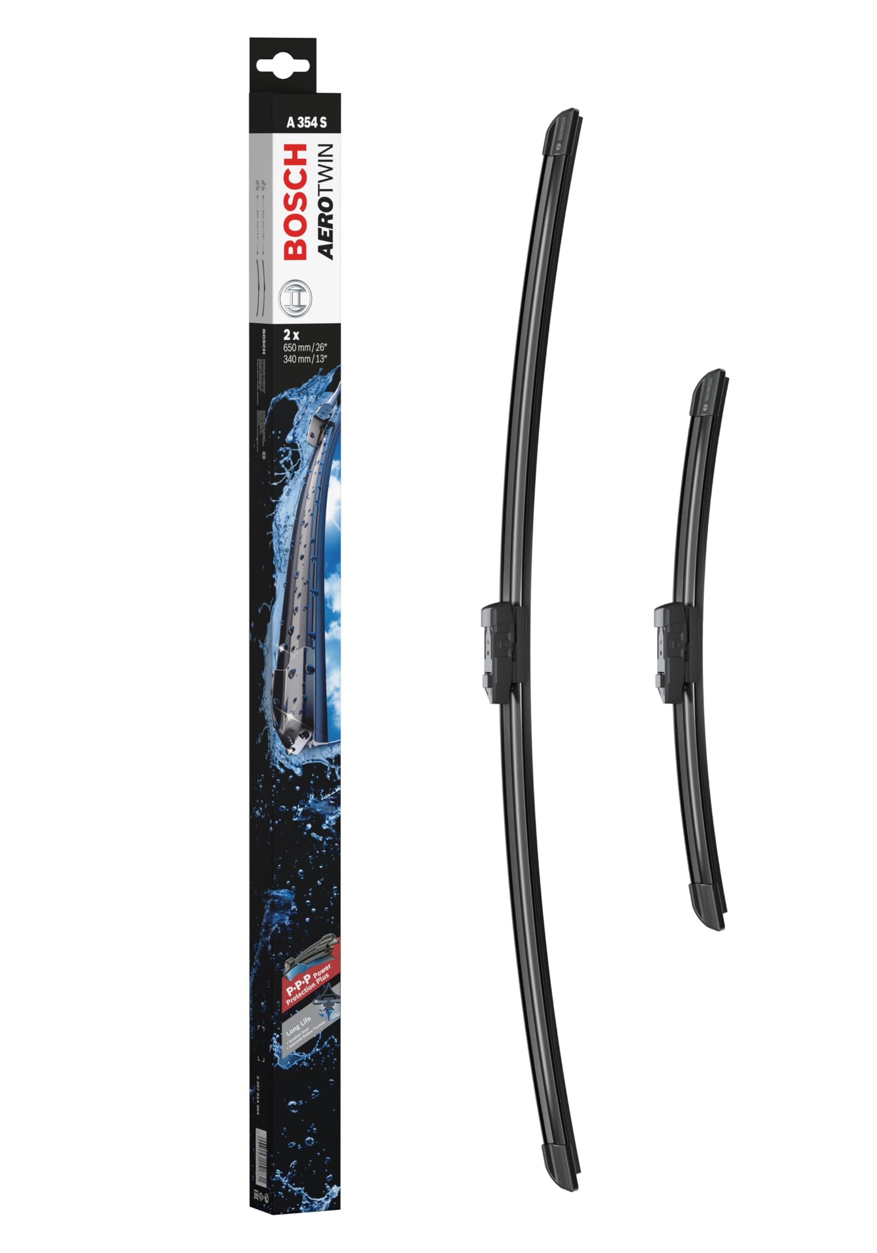 Bosch Aerotwin A 354 S - Front Windscreen Wipers - Set of 2 Replacement Blades - Comes with Pre-assembled Adapter - 2 Blades, 650mm/340mm - Only for left-hand drive (EU)