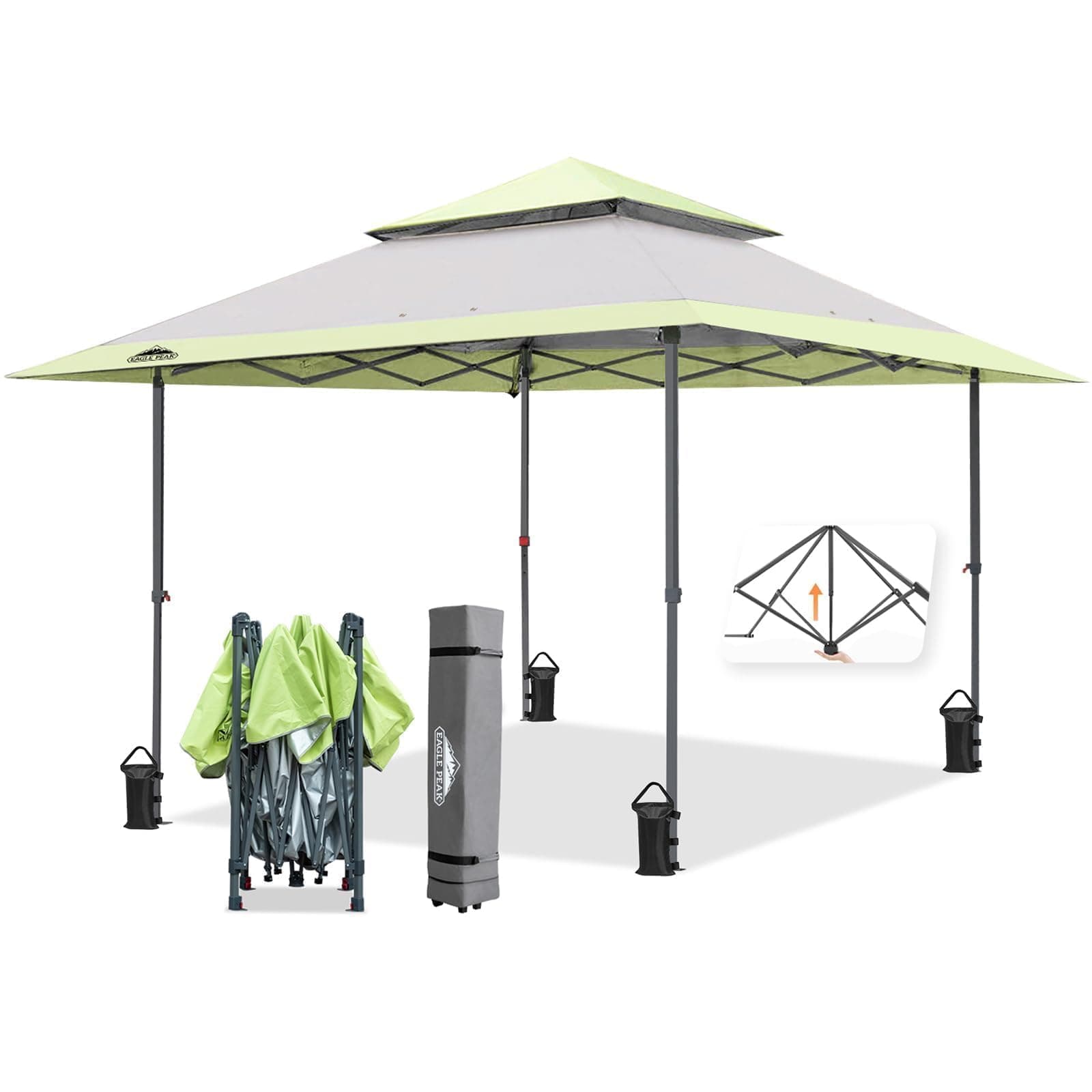 EAGLE PEAK 13ft x 13ft Straight Leg Pop Up Canopy Tent Instant Outdoor Canopy Easy Setup Folding Shelter with Auto Expandable Bill 169 Sq Feet Shade (Grey/Green)