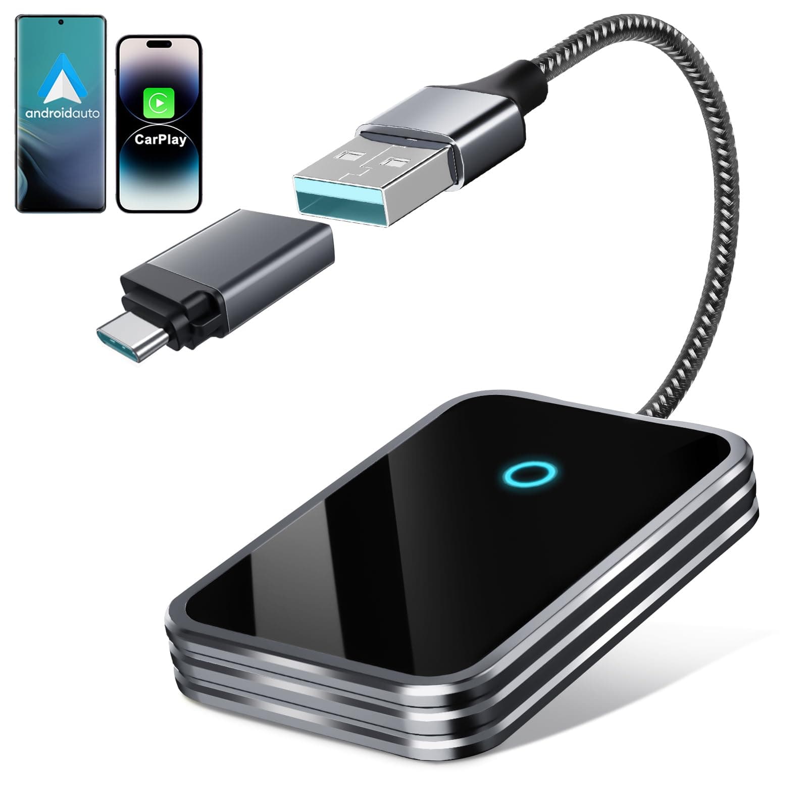 Wireless CarPlay Adapter & Android Auto Wireless Adapter, 2 in 1 Convert USB Bluetooth Wired to Wireless Dongle for OEM Wired CarPlay/Android Auto Cars-Stable Connect to Android & iPhone (Slate Gray)