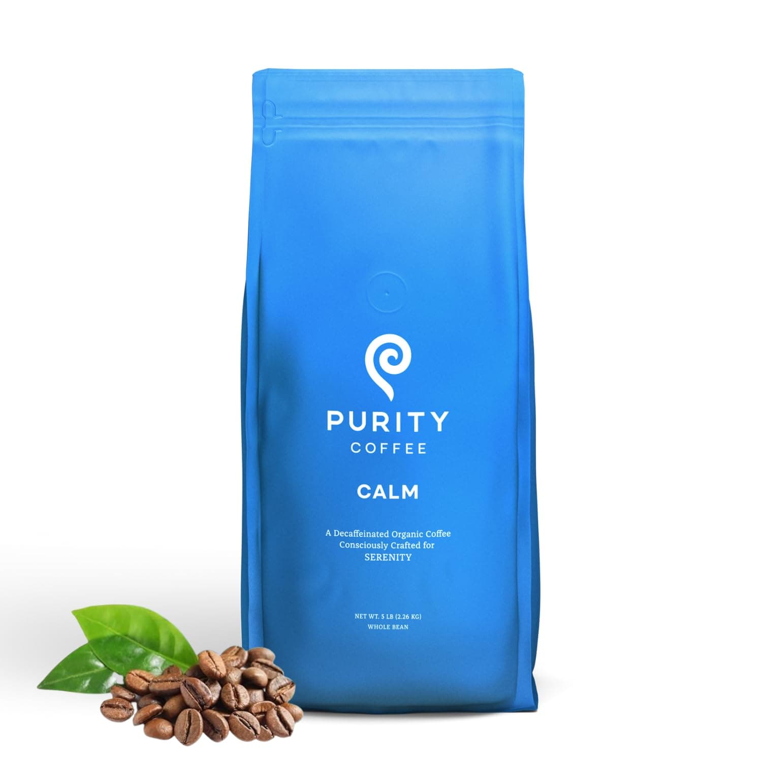 Purity Coffee CALM Decaf Medium Roast Whole Bean (5lb Bag) | Specialty-Grade USDA Organic Mountain Water Process Decaffeinated Blend | Third Party Tested for Mold, Mycotoxins & Pesticides