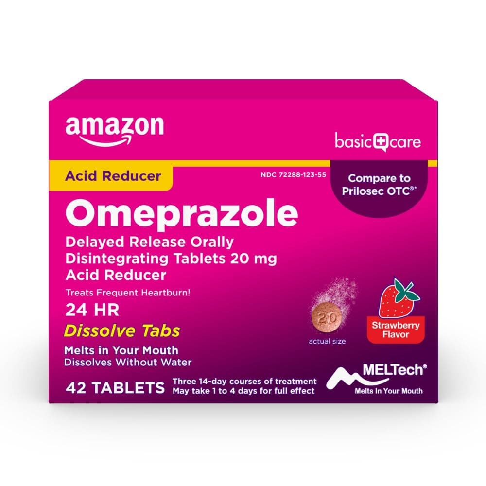Amazon Basic Care Omeprazole Delayed Release Orally Disintegrating Tablets, 20 mg, Acid Reducer, Strawberry Flavor, 24 Hour Heartburn Medicine, 42 Count