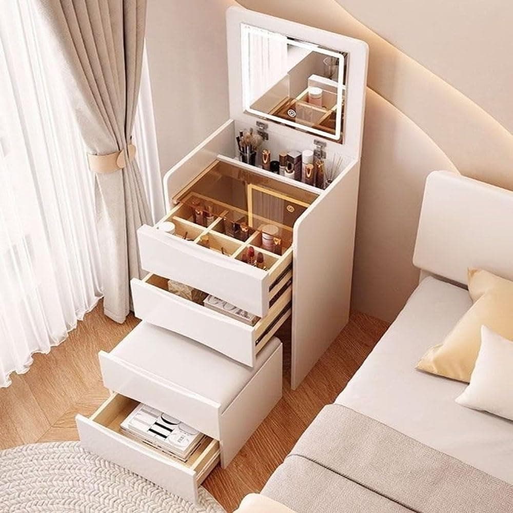 C&C Home Multifunctional Makeup Dressing Table Drawers Make Up Organizer Storage Cabinet Makeup Table Set With Touch Light Vanity Mirror And Cushioned Stool 40 X 40 X 82 Centimeter White