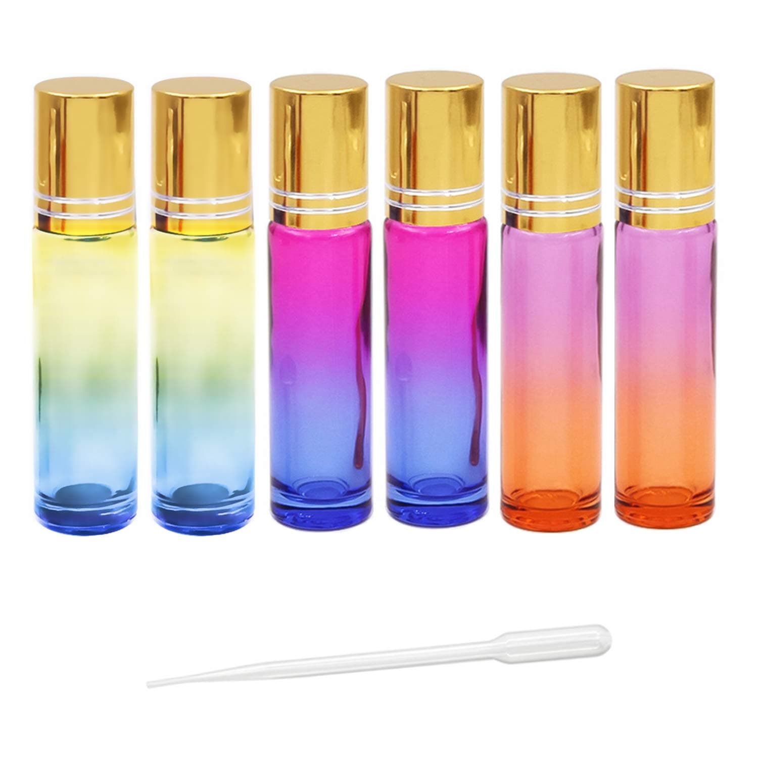 6Pcs, 10ml Essential Oils Roller Bottles, Empty Refillable Gradient Color Glass Roll on Bottles with Stainless Steel Roller Balls & Golden Caps, Includes Labels, Dropper & Opener