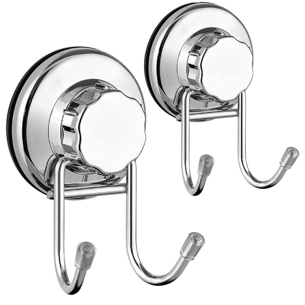 Double Hooks Suction Cups Vacuum Hook for Flat Smooth Wall Surface Towel Robe Bathroom Kitchen Shower Bath Coat,NeverRust Stainless Steel (2 Pack)