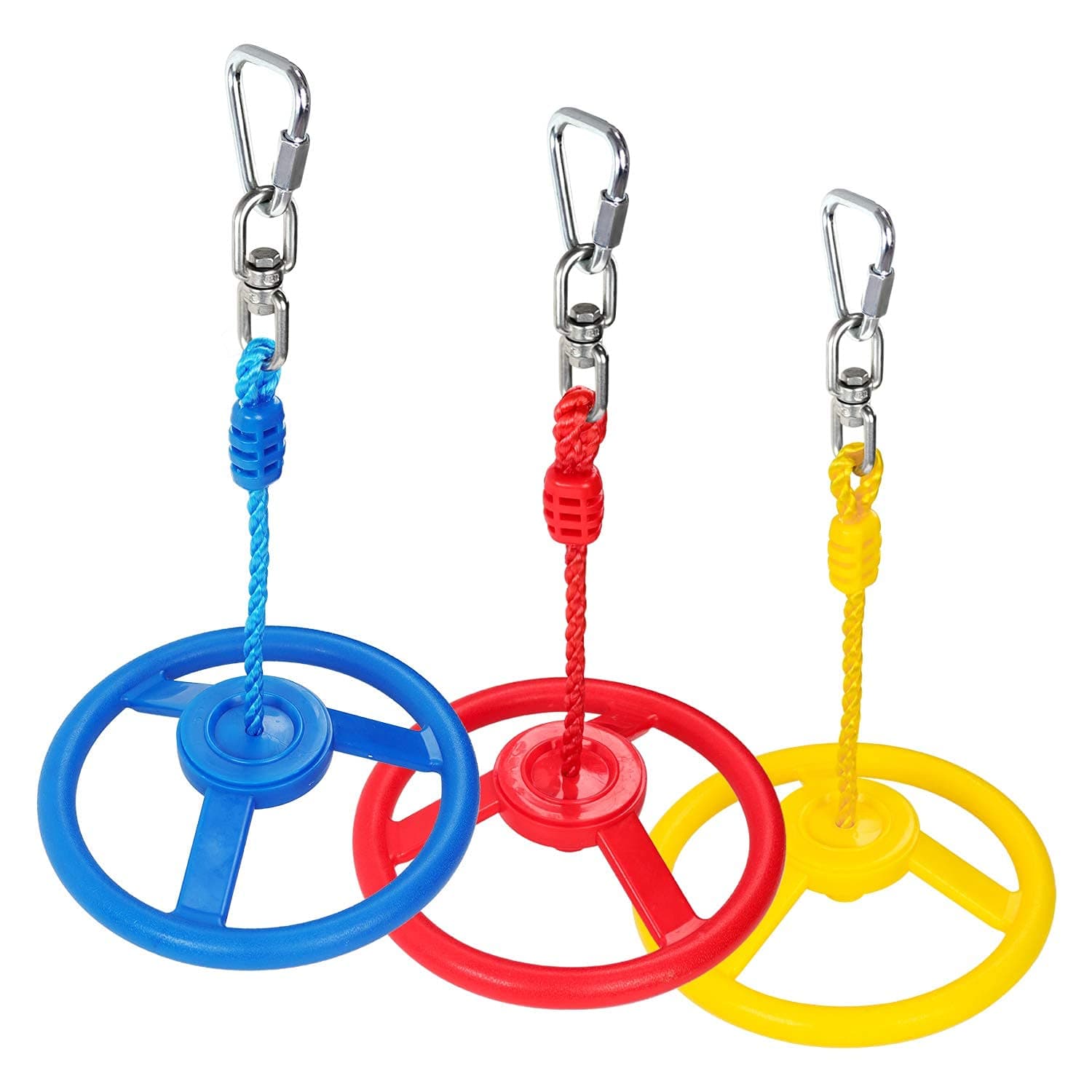 Rainbow Craft 3-Pack Ninja Monkey Wheels,Obstacle Course & Swing Set Attachments for Kids ,Outdoor Backyard Playground Accessory,Red, Blue & Yellow