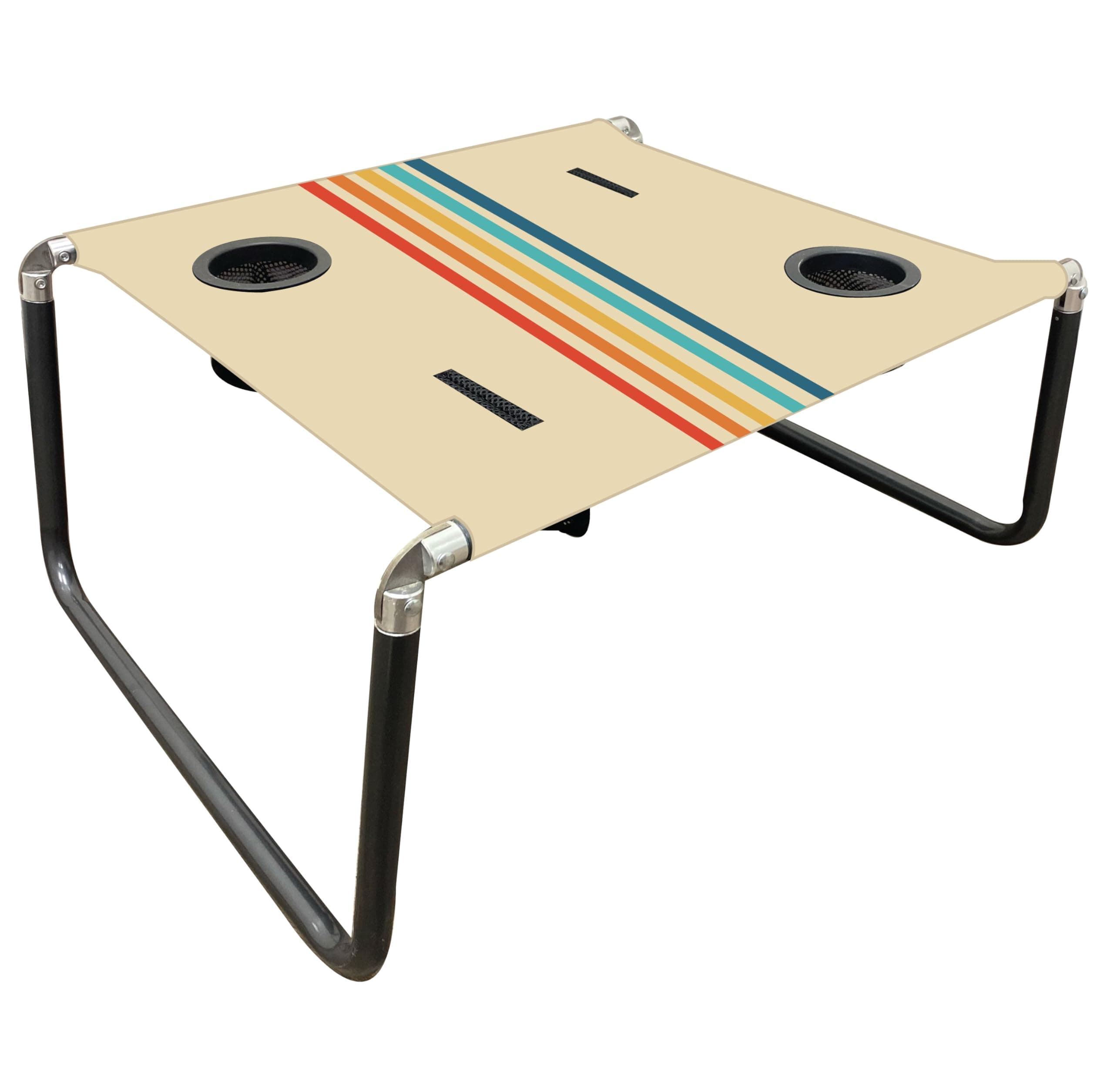 Beach Table - Lightweight, Portable and Foldable Table for Beach, Camping and Outdoor Adventures - Stable Surface - with Cup Holder for Drinks and Phone Pockets - Rainbow