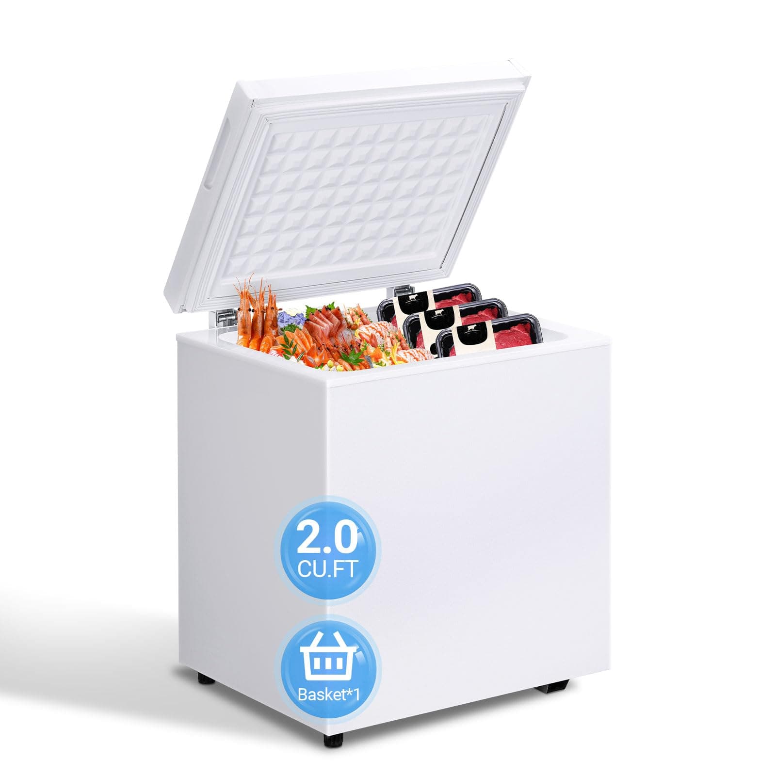 2.0 Cu.Ft Chest Freezer - Compact Deep Freezer with Removable Basket, Energy Efficient & Quiet Top Door Design, Mini Freezer Adjustable 7 Thermostat, for Home, Apartment, Garage, Dorm (White)