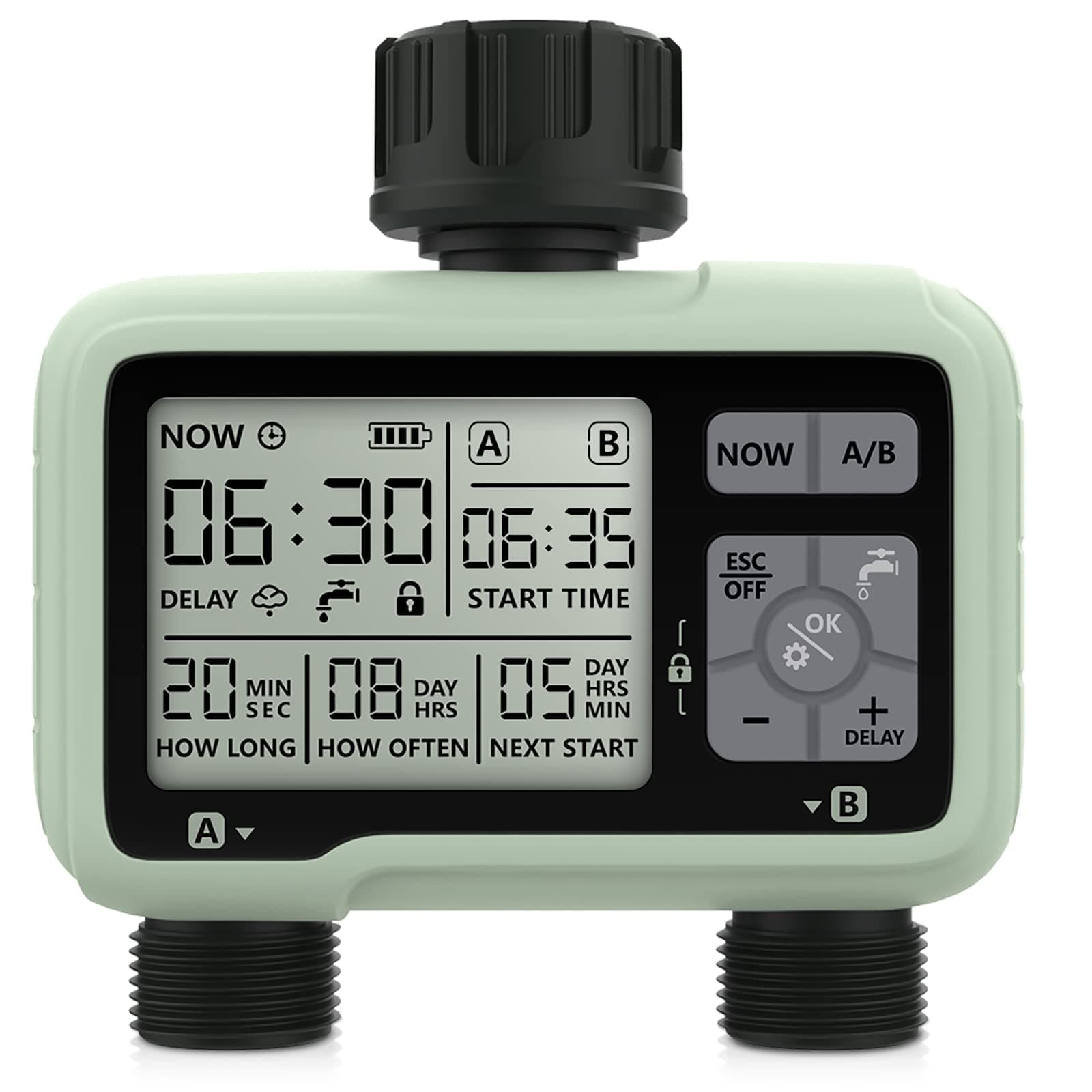 CROSOFMIWater Timer 2 Outputs Garden Water Timer Automatic Irrigation/LCD Screen/Easy Operation/Child Lock/Heavy Rain Delay/Manual Irrigation