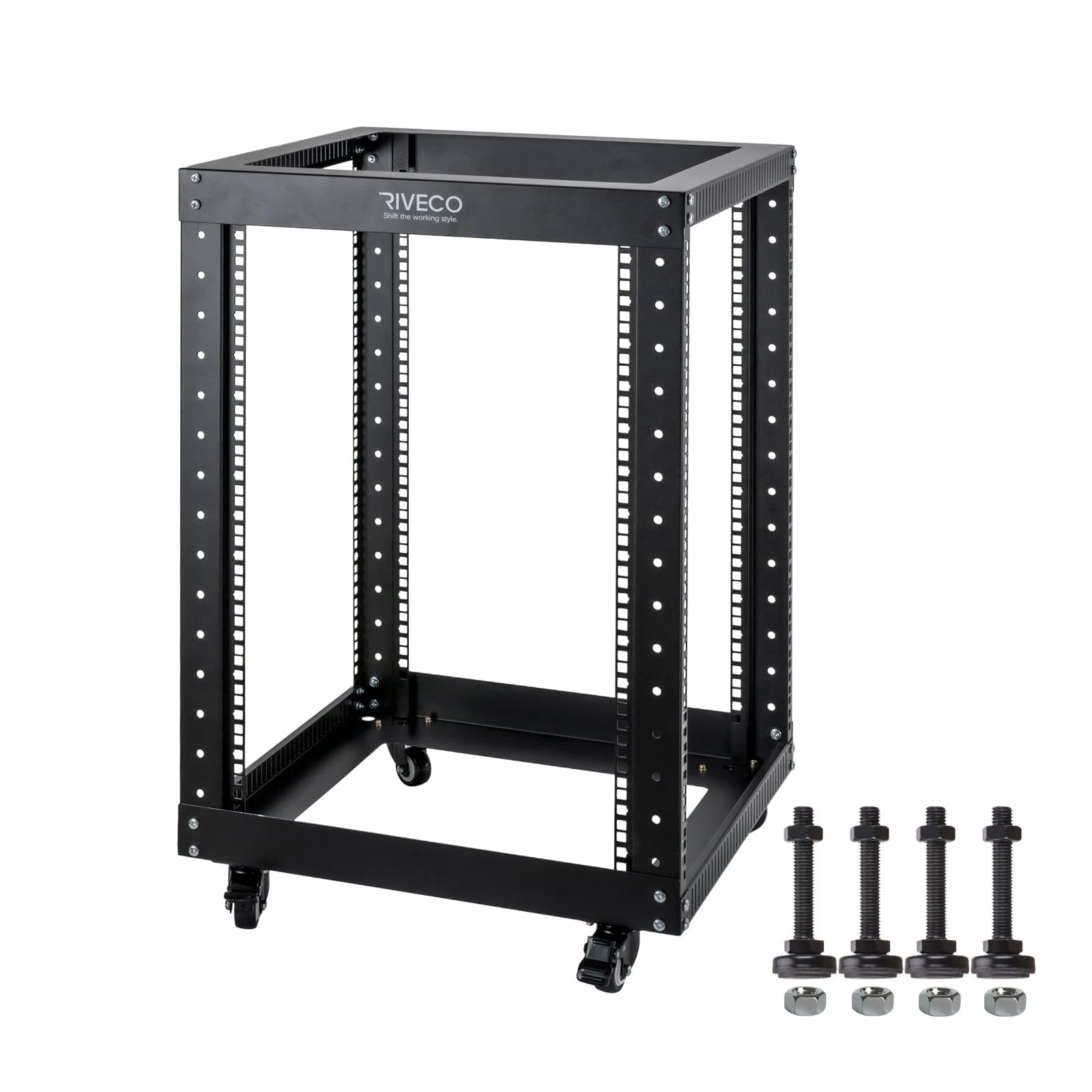 RIVECO15U Server Rack Floor Standing Open Frame with Wheels- 19-inch 4 Post Quick Assembly AV Rack Network Heavy Duty Durable Black
