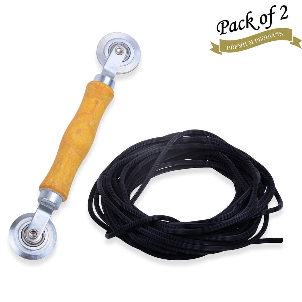 Screen Door Window Spline Roller Tool with Retainer Spline, 2 Pack Wood Handle Steel Ball Bearing Wheel Silicone Ruber Spline Durable Effective Installation Replacement Kit (Black)