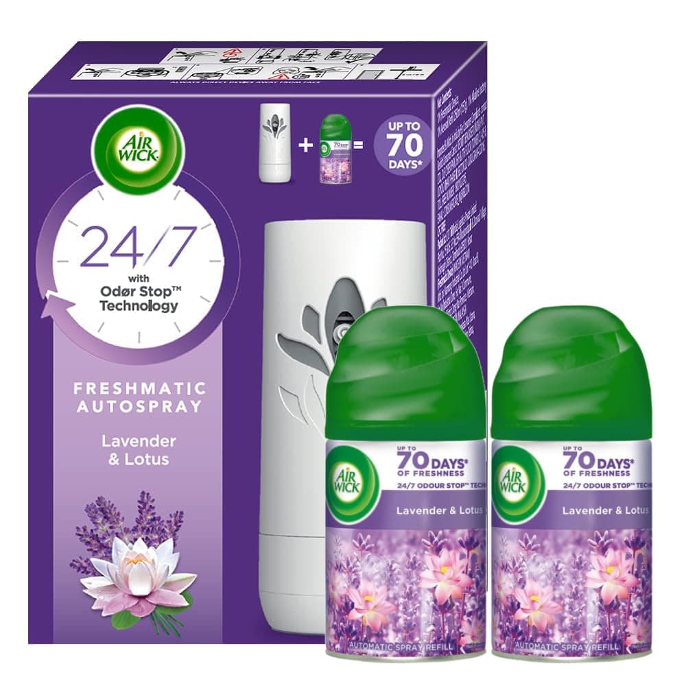 Freshmatic Machine + 2 Lavender Refill Combo 250 Ml Each | Automatic Air Freshener | Room & Bathroom Freshener Spray Complete Kit | Room Spray | Room Fresheners Automatic Machine