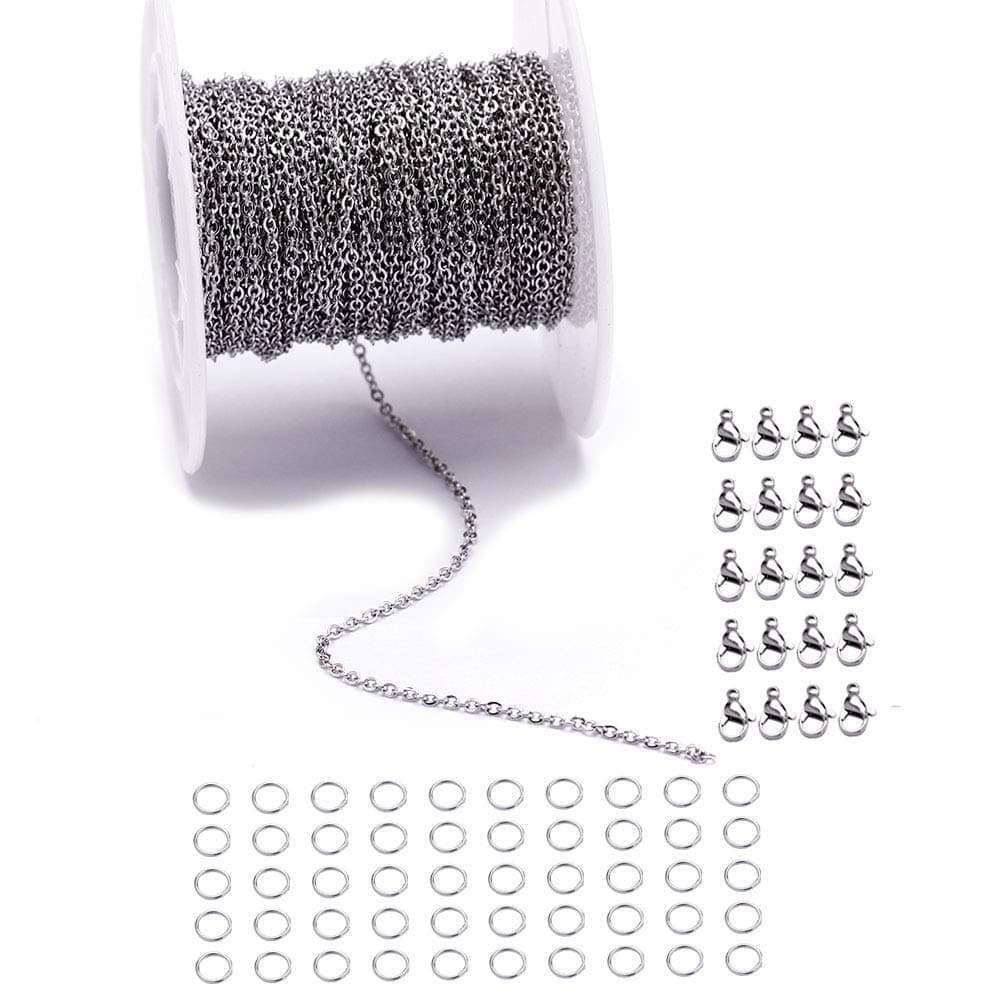 33 Feet Stainless Steel Flat Cable Chains Link Spool Bulk with 20 Lobster Clasps and 50 Jump Rings for Pendant Necklace Jewelry DIY Making