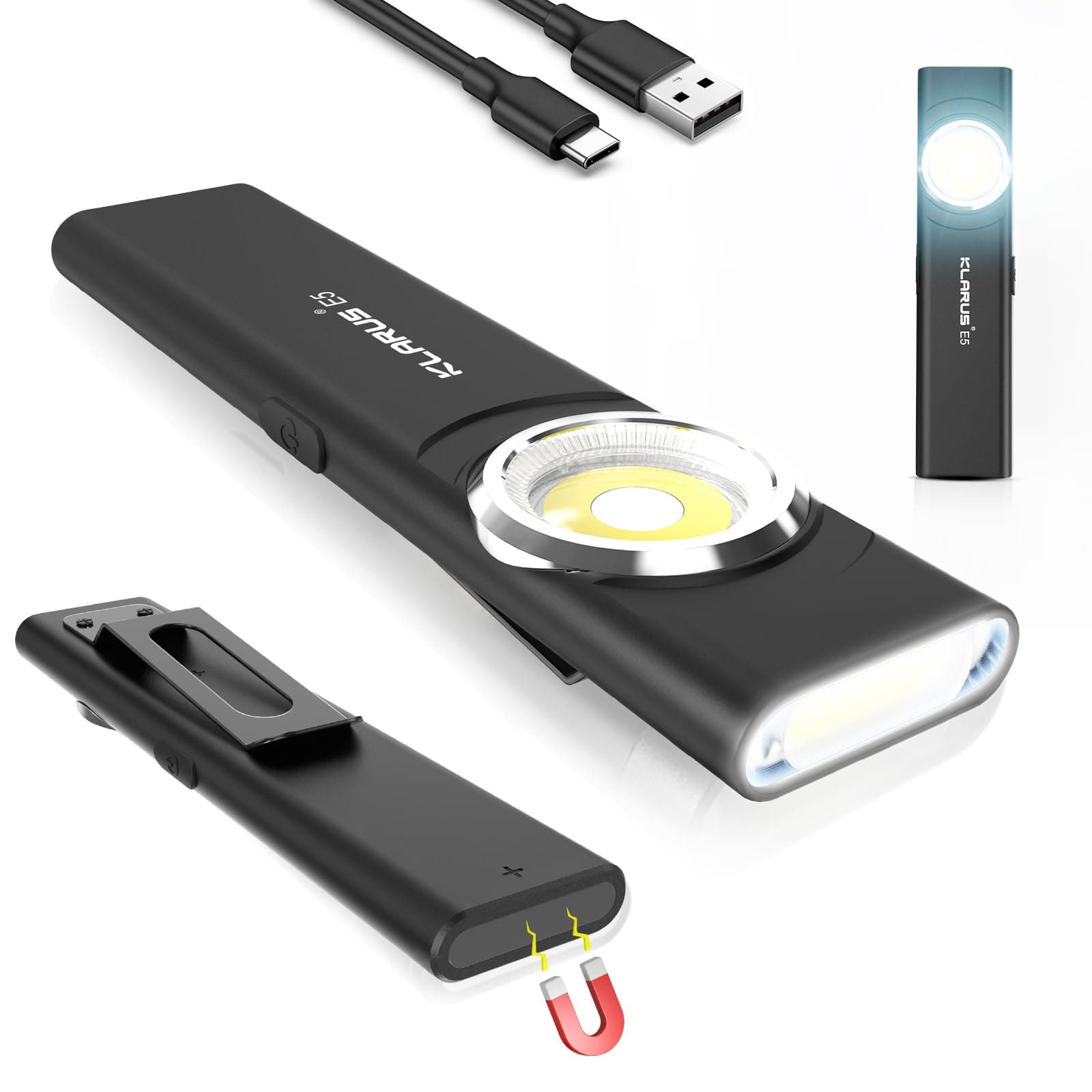 klarus E5 Pocket Flashlight, Rechargeable EDC Torch Light, Super Slim 4.2x1x0.3inch, 600 Lumens, USB-C Port, IPX4, Dual Light Source with Magnetic Base, Hat & Clothes Clip