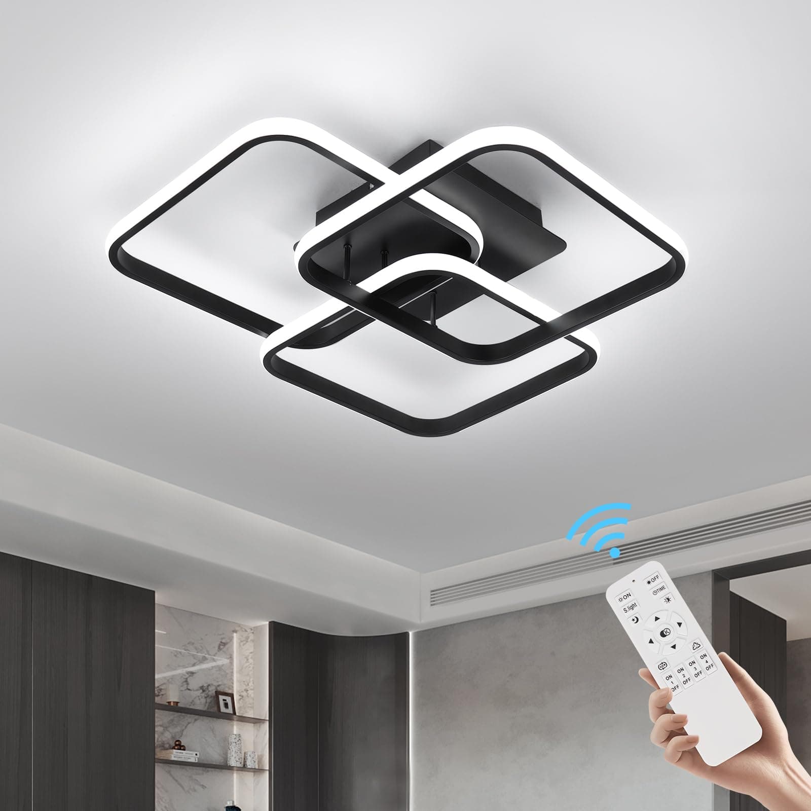 Modern Ceiling Light,Dimmable Black LED Ceiling Light Fixtures with Remote Control,Square Flush Mount Ceiling Lamp for Living Room Dining Room Bedroom Kitchen