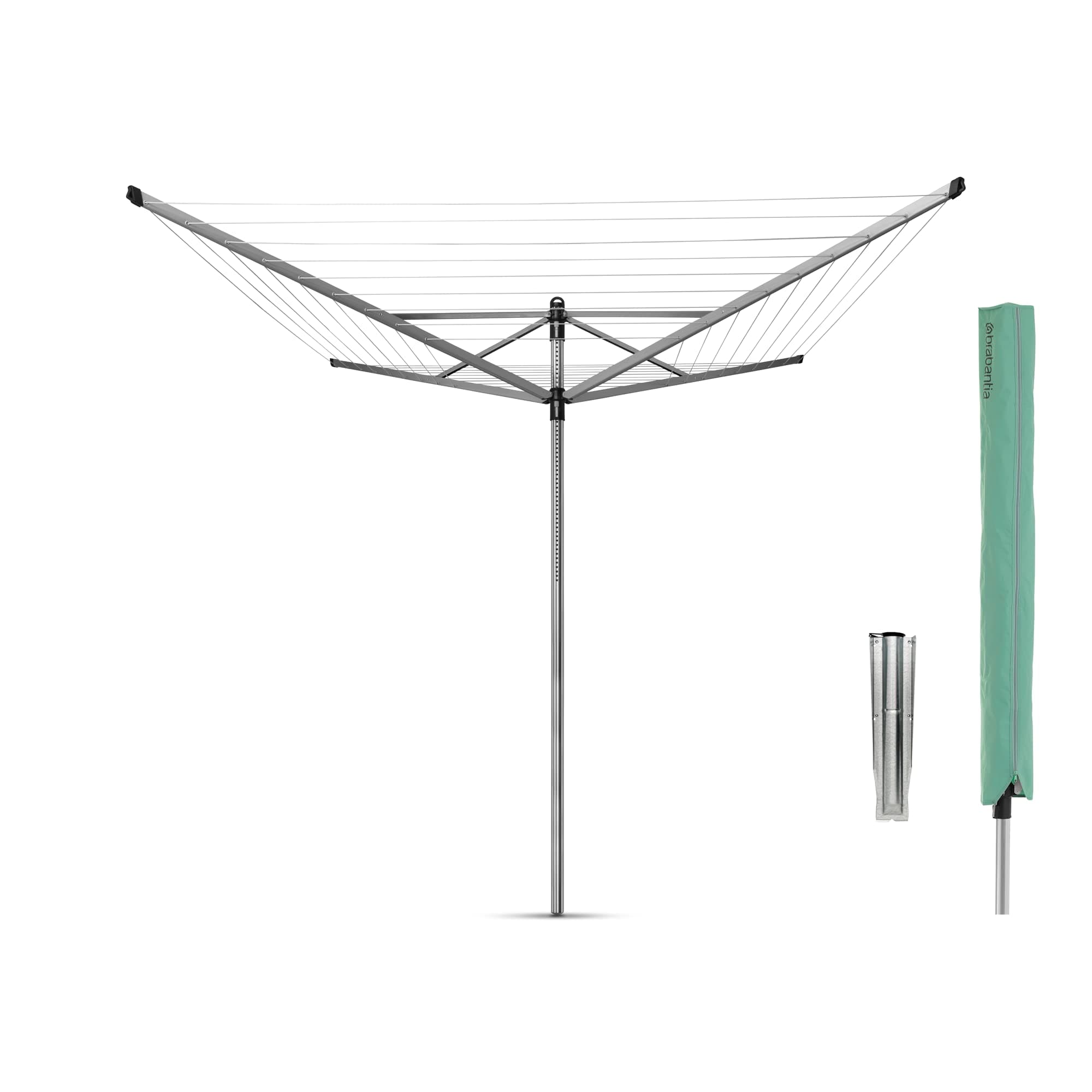 Lift-O-Matic Outdoor 4 Arm Clothesline (197 ft/Ø 1.8") Height Adjustable, Folding Clothes Drying Rack + Ground Spike & Cover (Gray)