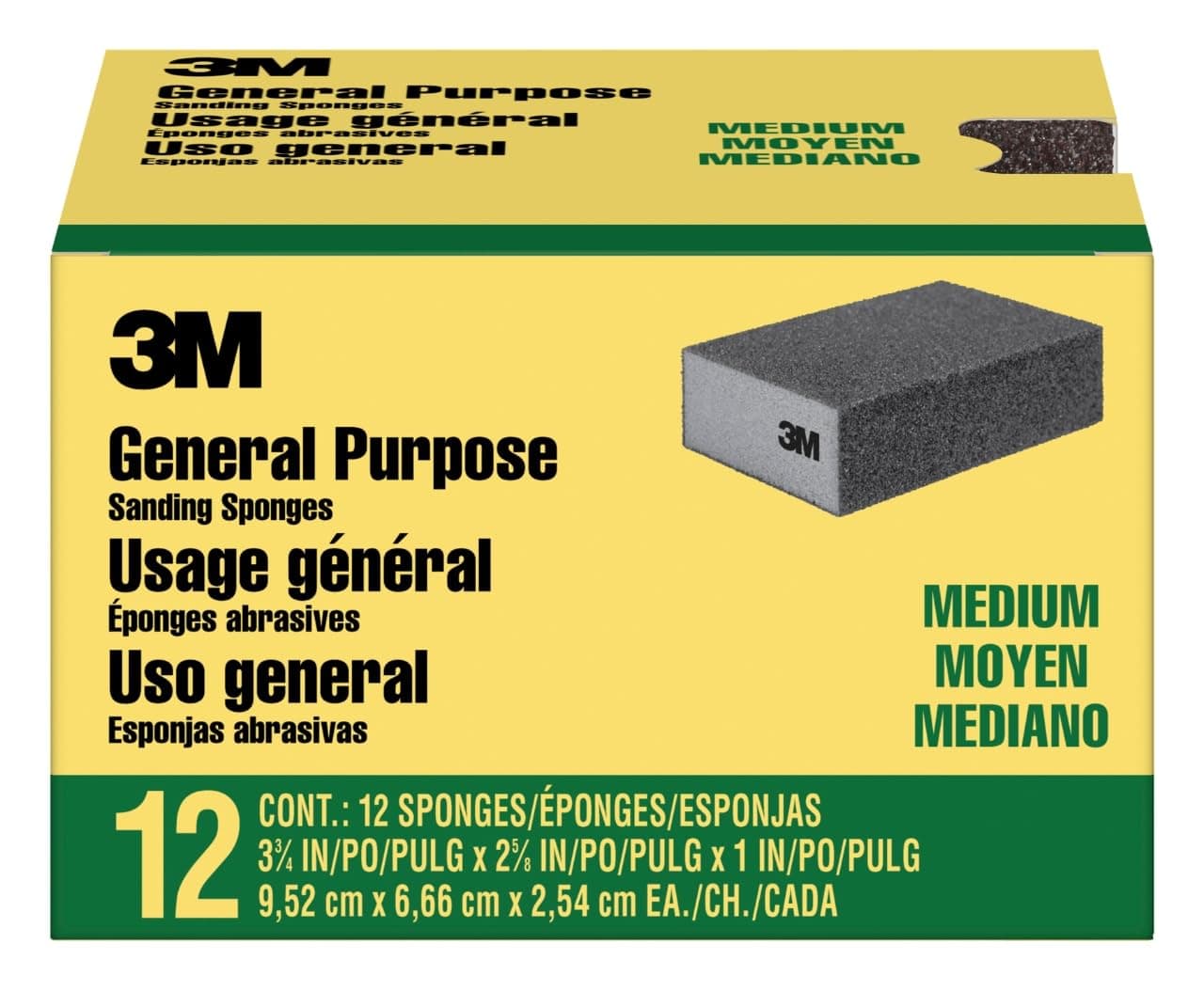 Sanding Sponge Block, 12-Pack, Medium Grits, 3-3/4 in x 2-5/8 in, Designed For Sanding Wood, Paint, Metal, Plastic or Drywall, Features 3M Abrasive, Made with Durable Flexible Foam (CP002-12P)