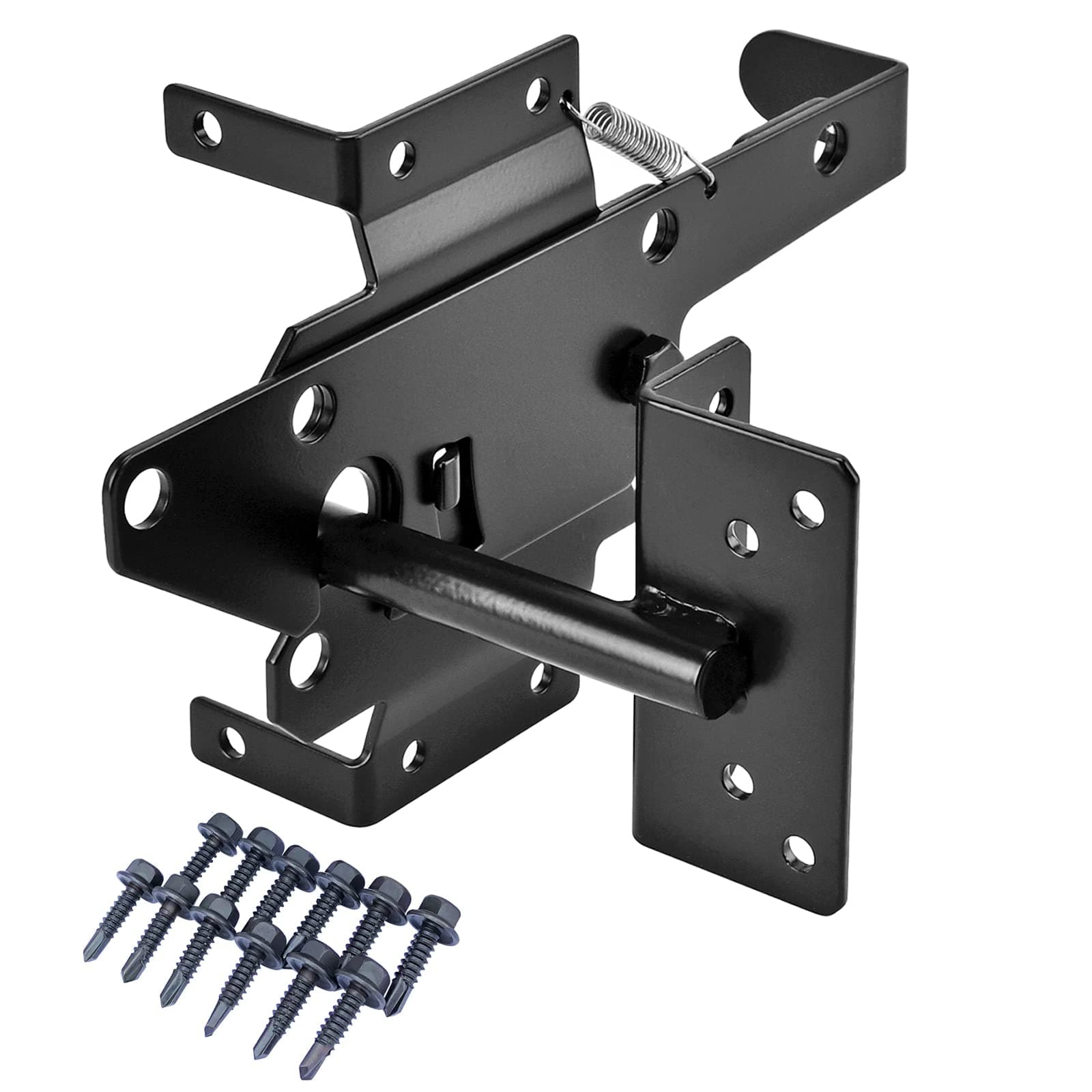 Self-Locking Gate Latch with Screws - Post Mount Automatic Gravity Lever Wood Fence Gate Lock with Fasteners - Heavy Duty Metal Steel Black Finish Coat Gate Holder Door Hardware
