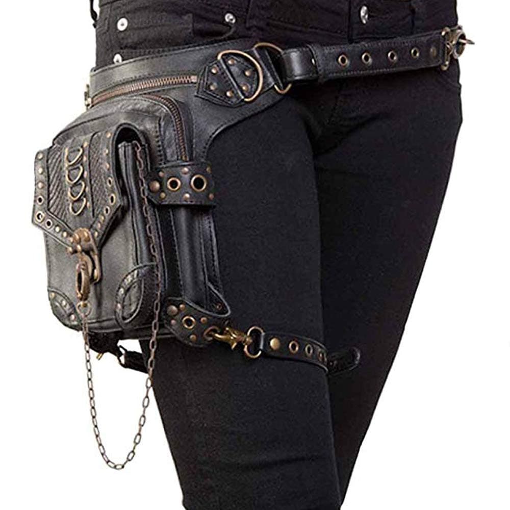 Steampunk Bag,Multi Functional use and (Waist/Shoulder/Leg) Multiple Ways of Wearing and Using Bag Gothic Unisex,Punk Style/Rock Style/Black