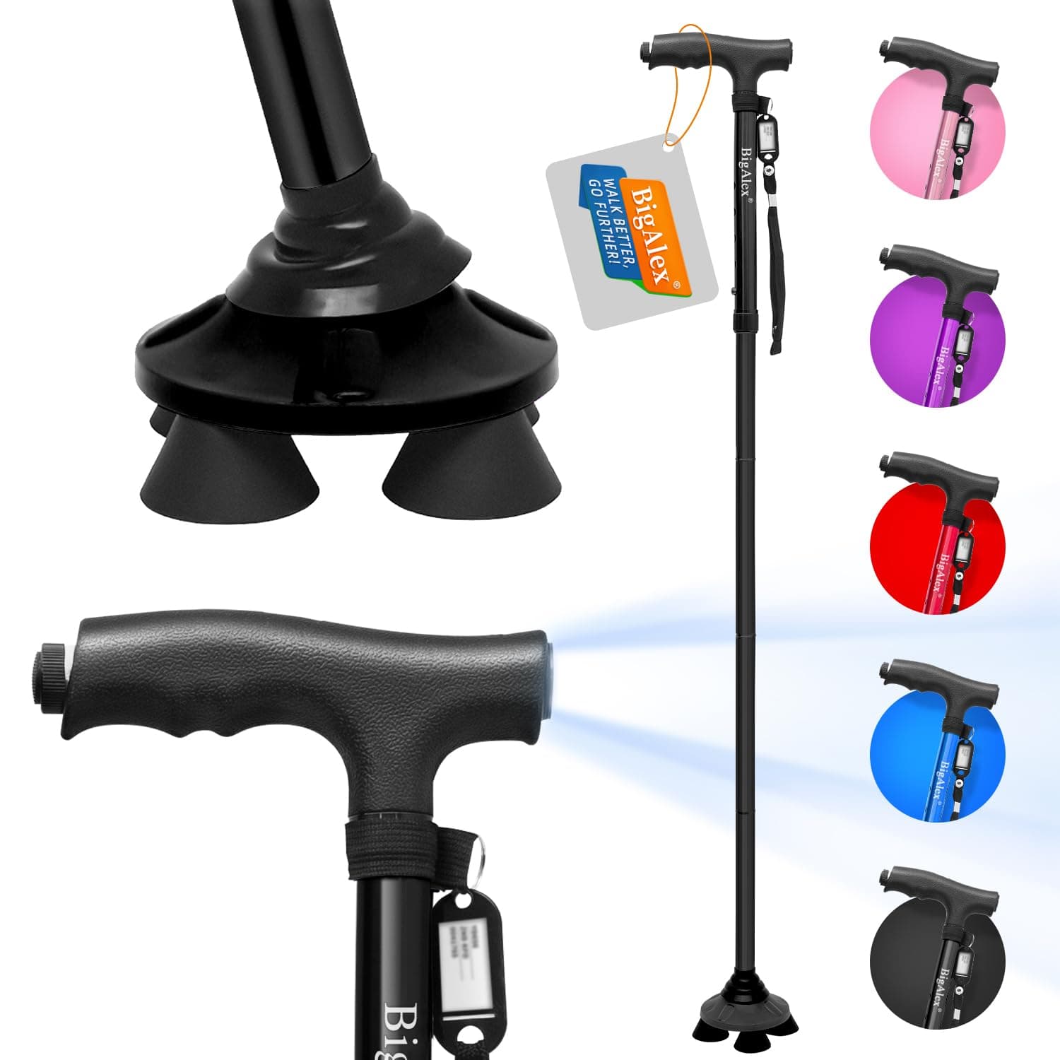 BigAlex Folding Walking Cane with LED Light,Pivoting Quad Base,Adjustable Walking Stick with Carrying Bag for Men/Women