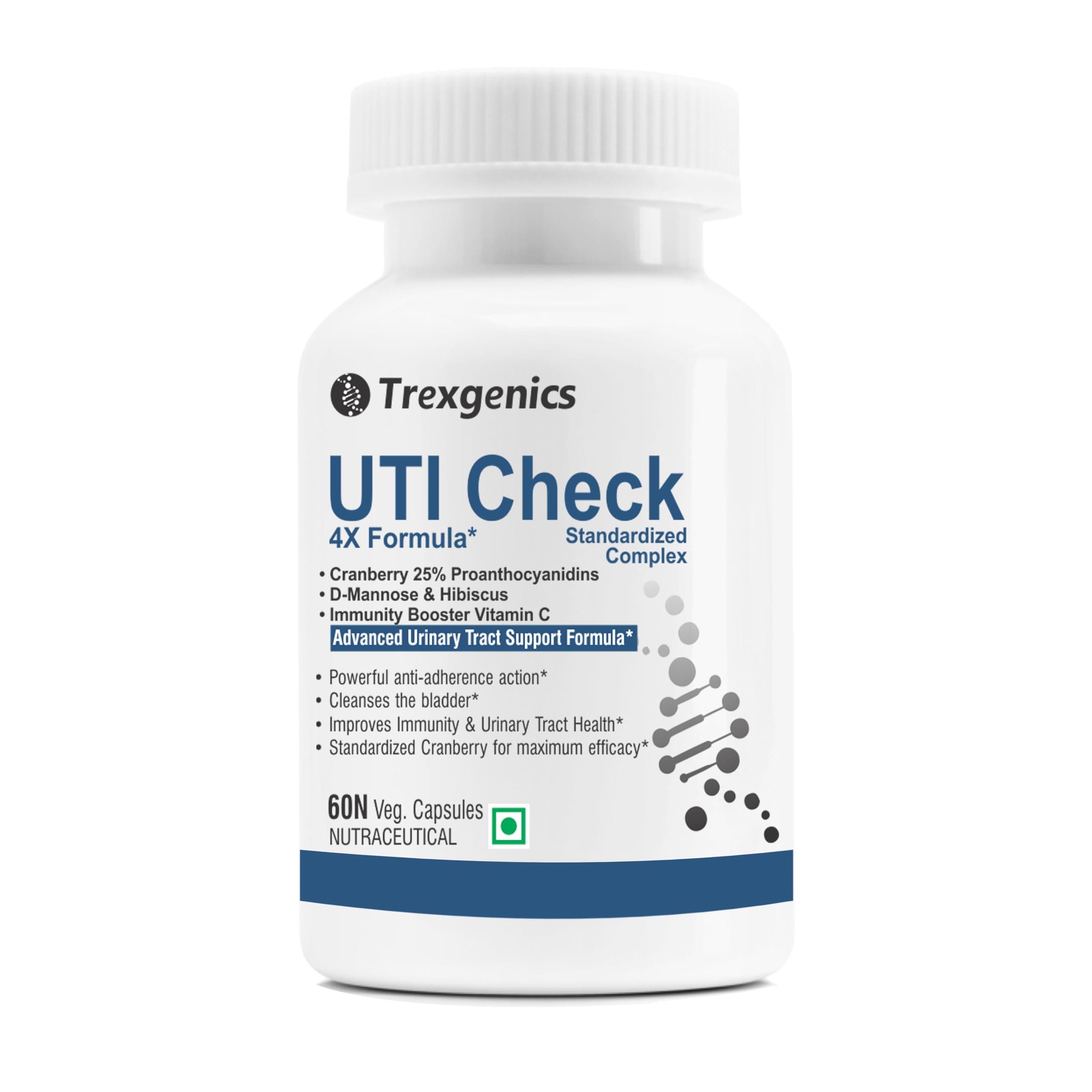 Trexgenics UTI CHECK Advanced Urinary Tract Cleanse & Function, Immunity Support with Optimized Cranberry 200mg, D-Mannose 250mg & Hibiscus 100mg & Vitamin C 40mg (60 Vcaps) (1)