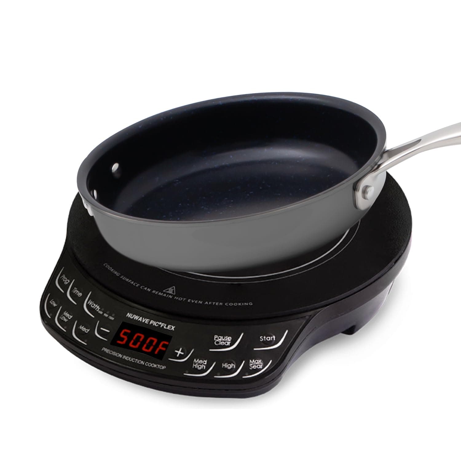 NUWAVE Flex Precision Induction Cooktop, 10.25” Shatter-Proof Ceramic Glass, 6.5” Heating Coil, 45 Temps from 100°F to 500°F, 3 Wattage Settings 600, 900 & 1300 Watts, 9” Duralon Ceramic Pan Included