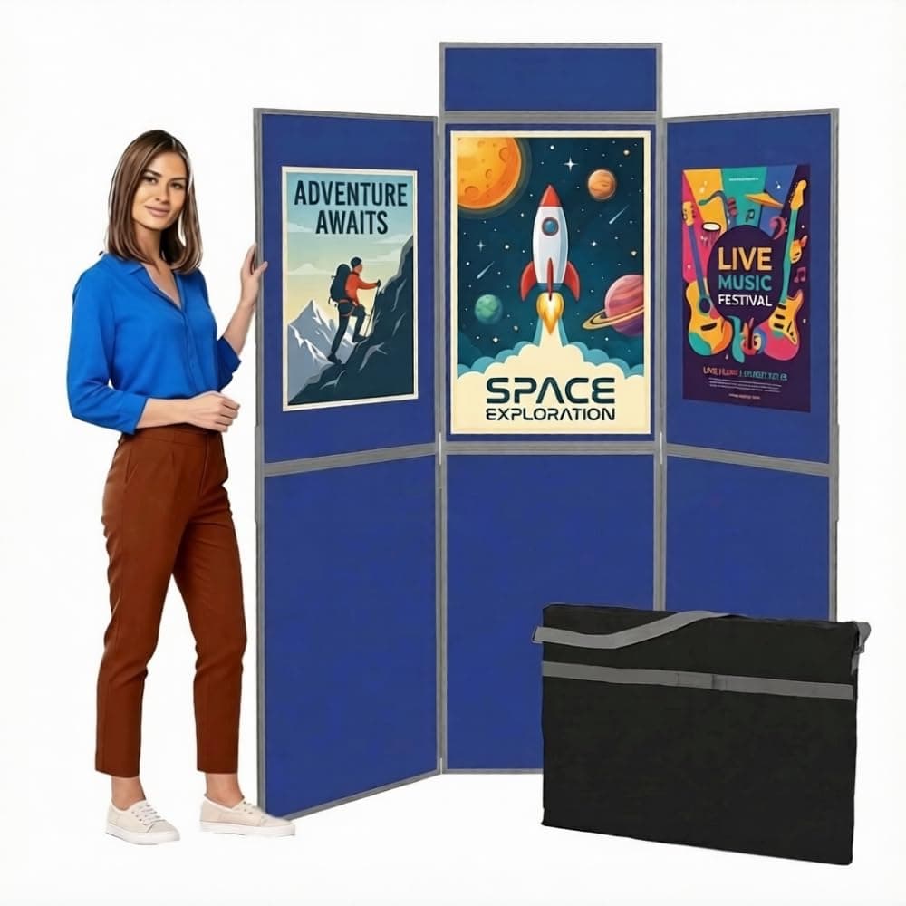 – Wonderwall Floor Standing 6 Panel Folding Display Panel Kit with Bag & Header, Blue Loop Nylon Fabric, Grey PVC Frame - 11 Colours - for Schools, Exhibitions, Offices, Healthcare & Hubs