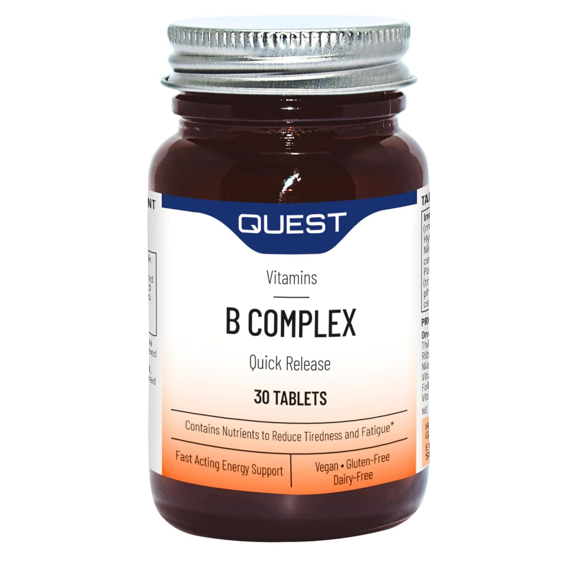 Quest Vitamin B Complex (30 Tablets) - Quick Release Formula to Reduce Tiredness & Fatigue. Full Spectrum of B Vitamins: Thiamin B1, Riboflavin B2, Niacin B3, Vitamin B6 & Vitamin B12.