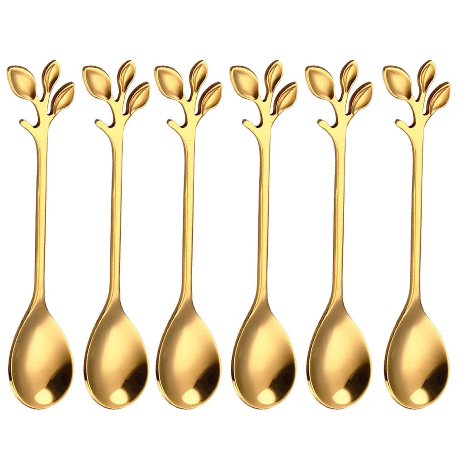 Leaf Shape Handle Dessert Fork, Leaf Shape Handle Spoon Stainless Steel Dessert Coffee Tea Spoon Stirring Spoon Leaves Shape Golden Spoon Leaf Shape Golden Spoon Leaf Shape Dessert Fork(Gold 6pcs)